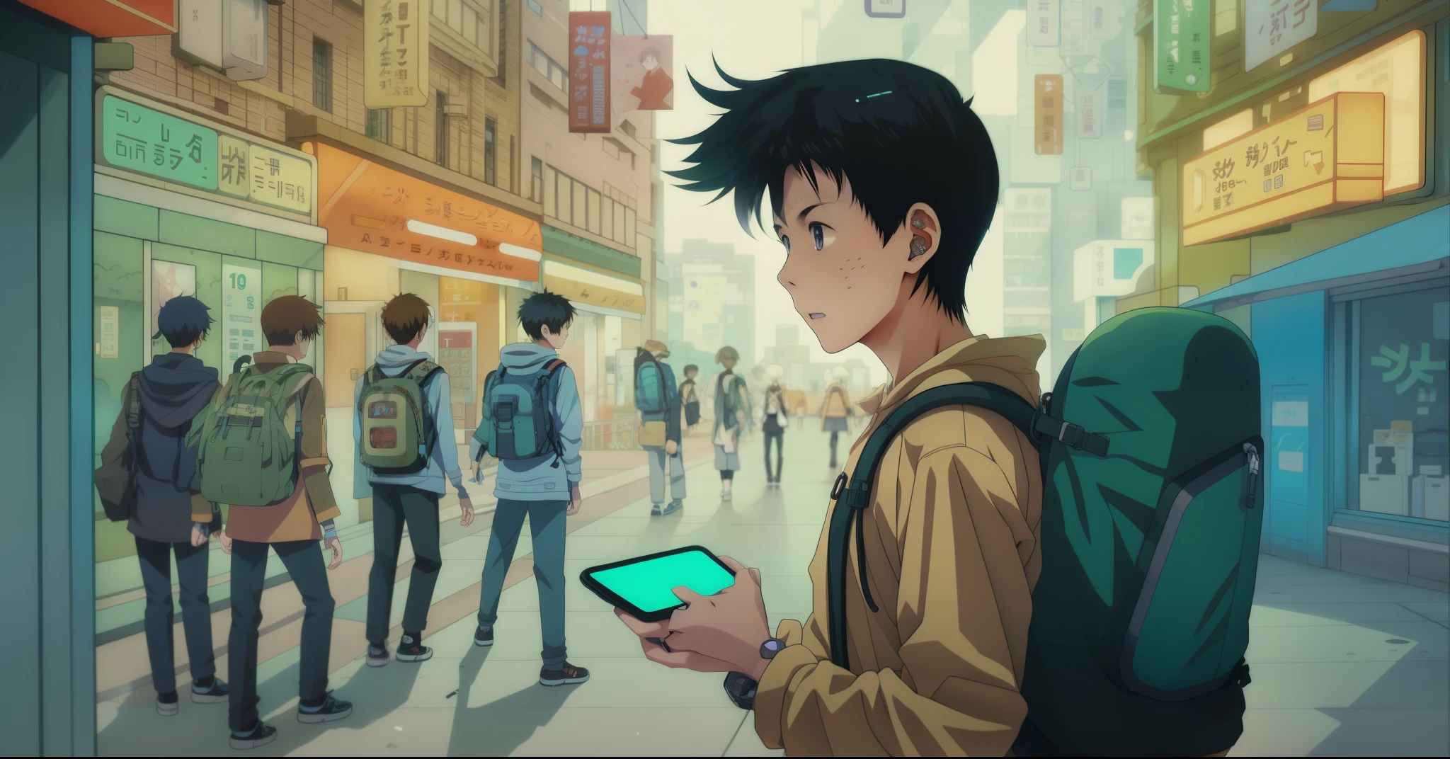 anime boy with backpack looking at phone while standing on the street, quadrinhos digitais, Capa de um novo videogame, devianart trending, romance ilustrado, arte conceitual do menino solteiro, Mobile Game, stylised graphic novel, arte da capa da graphic novel, digital manga, olhando para o telefone dele, Digital anime illustration, digital manga art, mobile game art