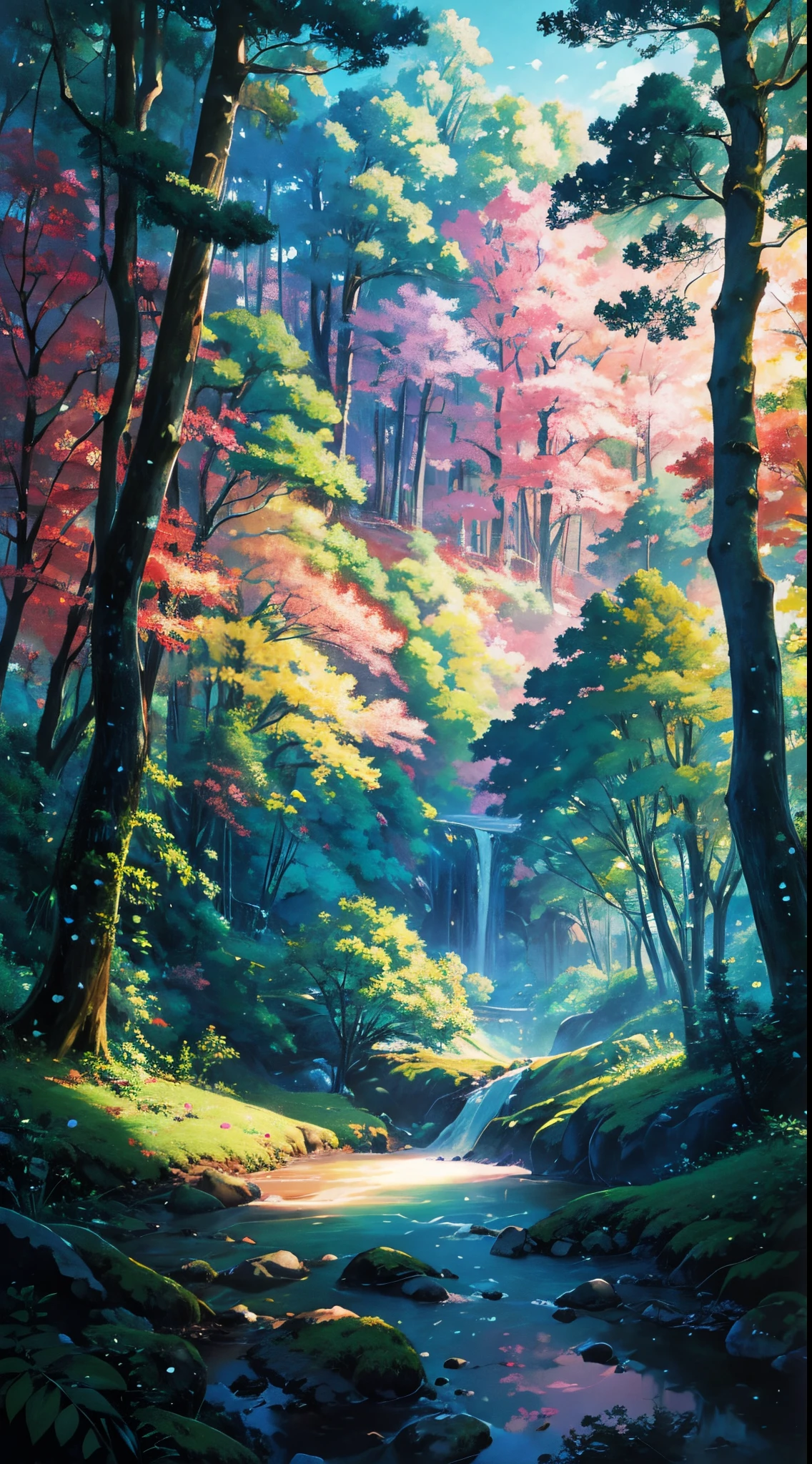 Garota anime, landscape forest pastel colors