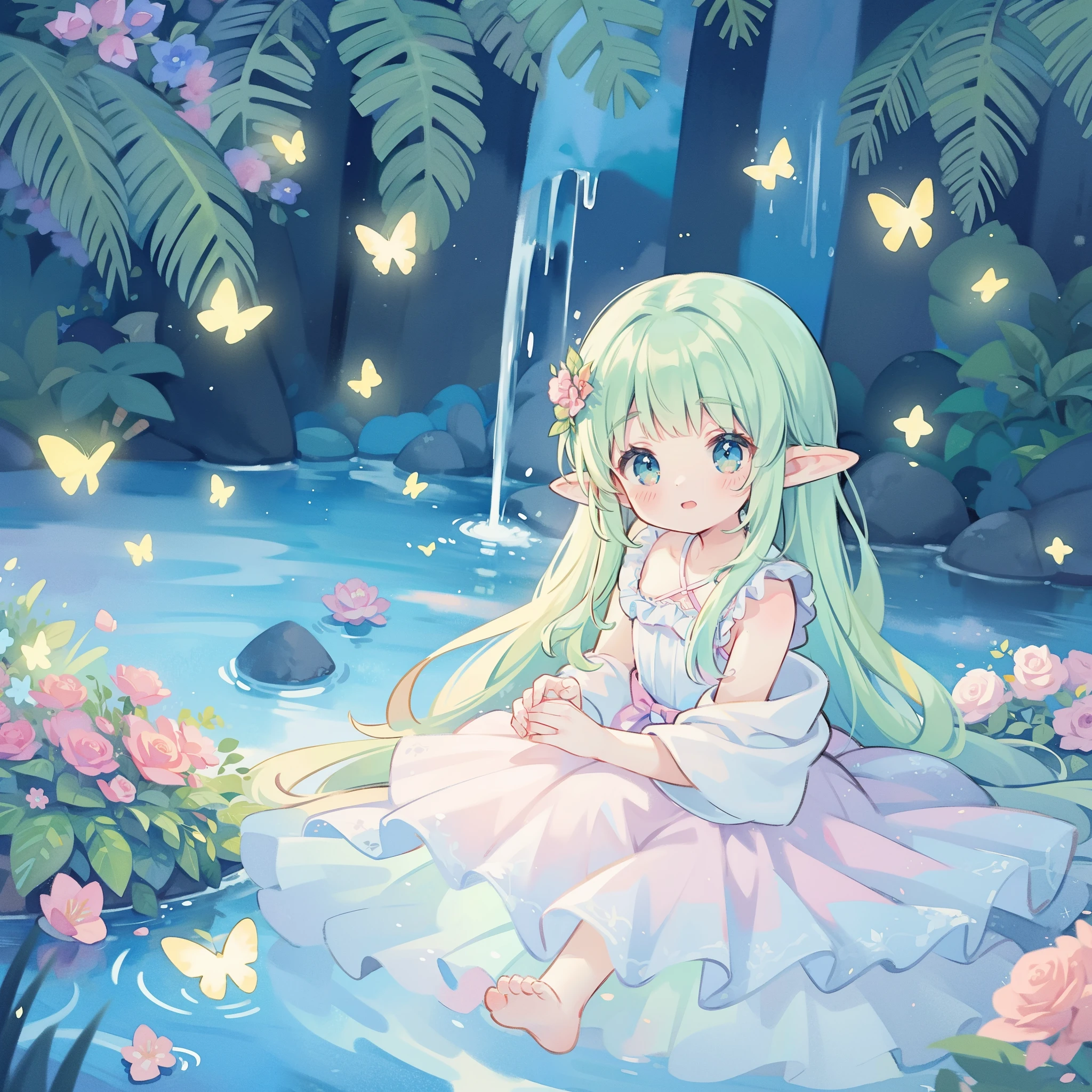 watercolor illustration, vibrant pastel colors, dreamy, colorful, whimsical, magical, masterpiece, best quality, sharp focus, intricately detailed environment, fine detail, 8k resolution, waterfall lagoon, beautiful elf girl in flowing sparkling layered ballgown