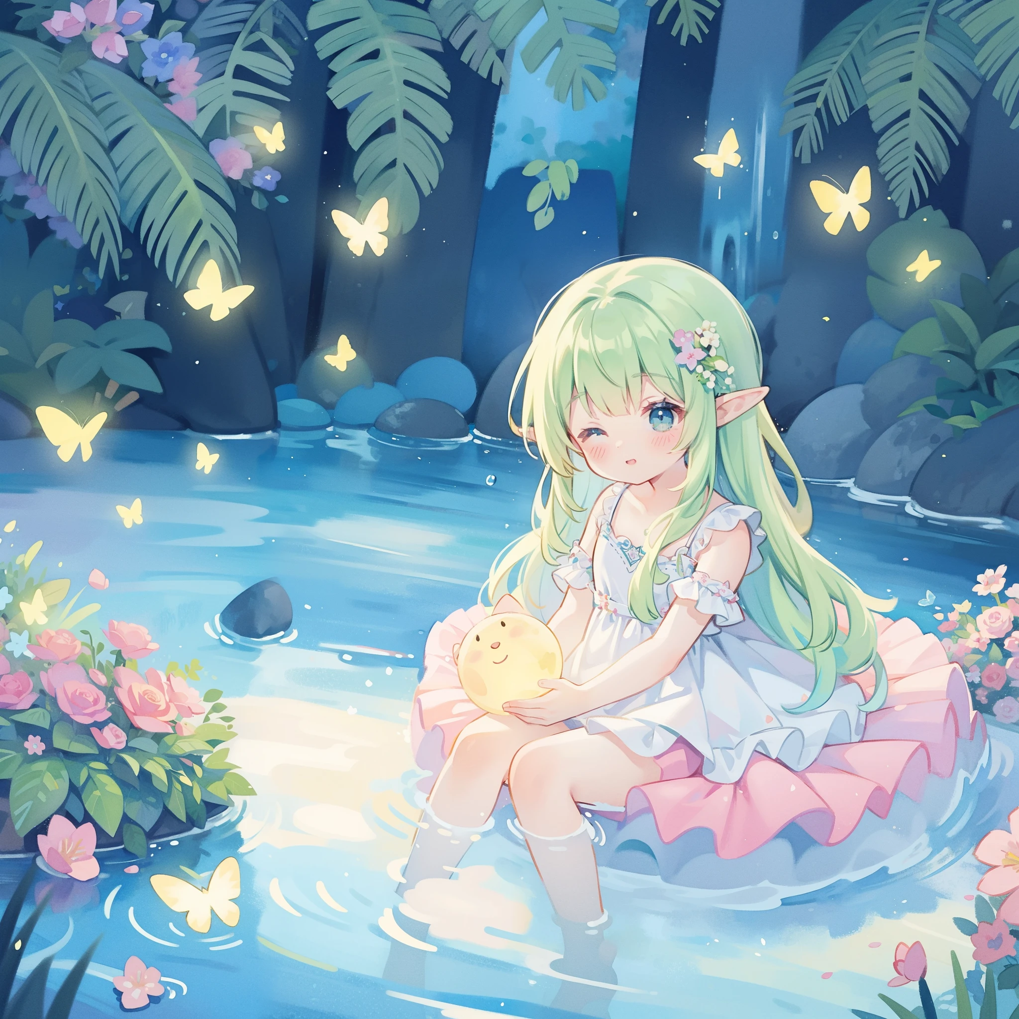 watercolor illustration, vibrant pastel colors, dreamy, colorful, whimsical, magical, masterpiece, best quality, sharp focus, intricately detailed environment, fine detail, 8k resolution, waterfall lagoon, beautiful elf girl in flowing sparkling layered ballgown