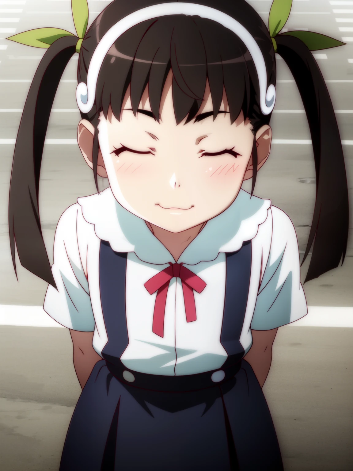 hachikuji mayoi, highres, absurdres,, pov, anime, anime screencap, suspenders, suspender skirt, skirt, shirt, jewelry, school uniform, bracelet, white shirt, (flat chest:1.1), closed eyes, ,black hair, hair ribbon, twintails, hairband, long hair, outdoors, street, bloom, day, looking at viewer, from above, looking up, smile, closed eyes, :3, mist, arms behind back, hands behind back,