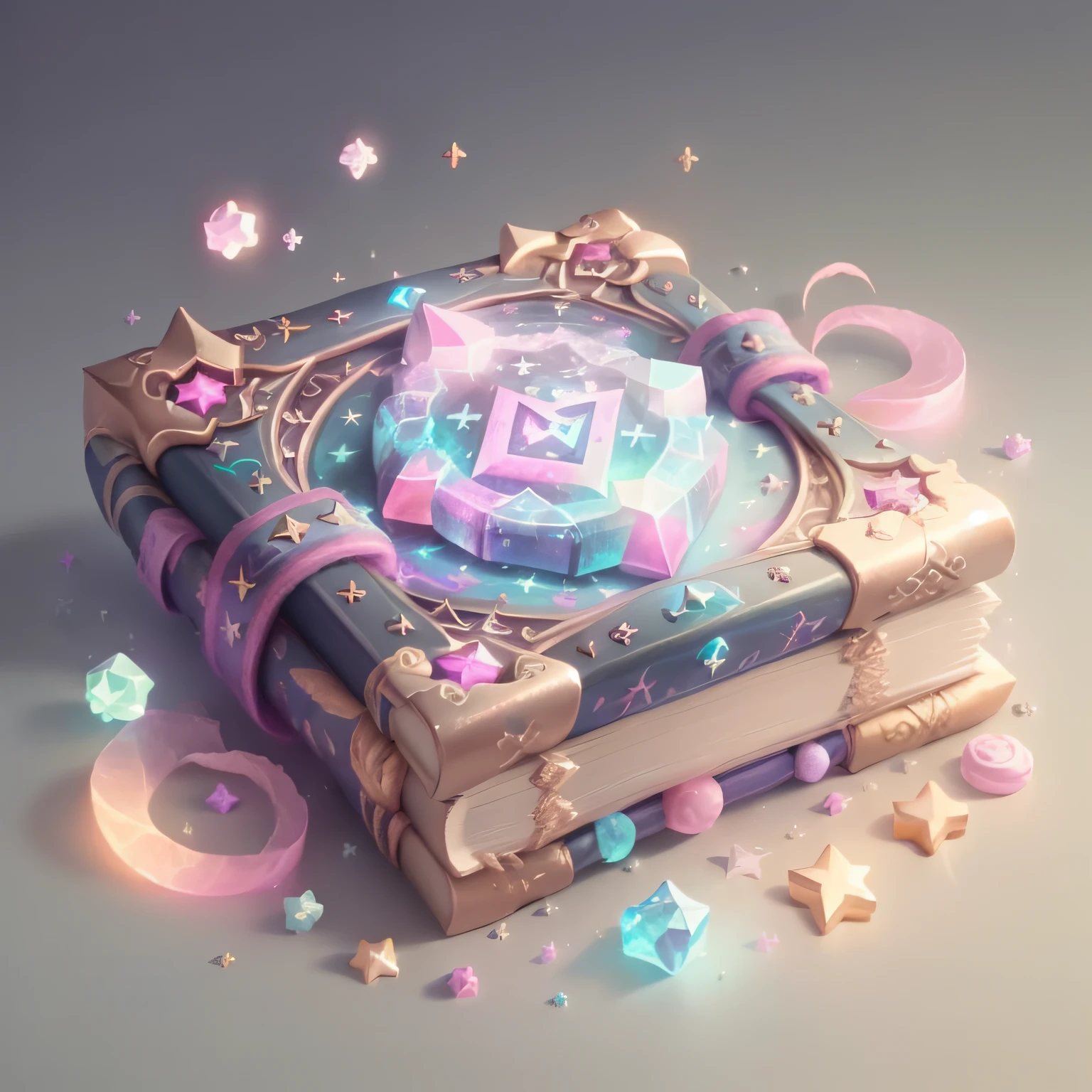 A cute book of spells in mystical cover, studded with a rune, game icon, masterpiece, best quality, UHD, (simple background:1.2), detailed, candy magic, dazzling brightness, vibrant, sugary aura, ice cream, pink grimoire,