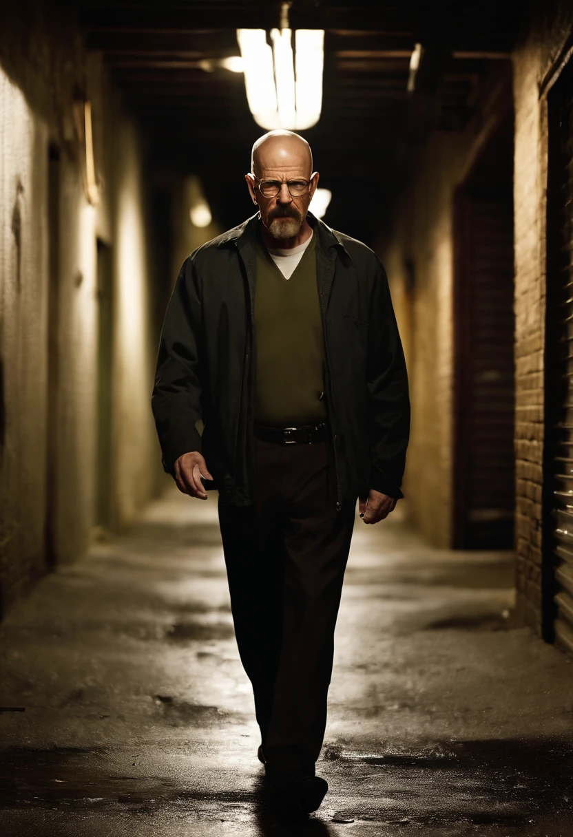 A photo of Walter in a dark, gritty alleyway, looking determined and focused.,Breaking Bad,Walter White, the central character of “Breaking Bad,” undergoes a dramatic transformation in appearance: from a meek, unassuming high school chemistry teacher with a mustache and glasses, to the bald, bearded figure known as “Heisenberg,” exuding menace and authority. His wardrobe shift from nondescript, muted clothing to darker, more assertive attire mirrors his descent into the criminal world.