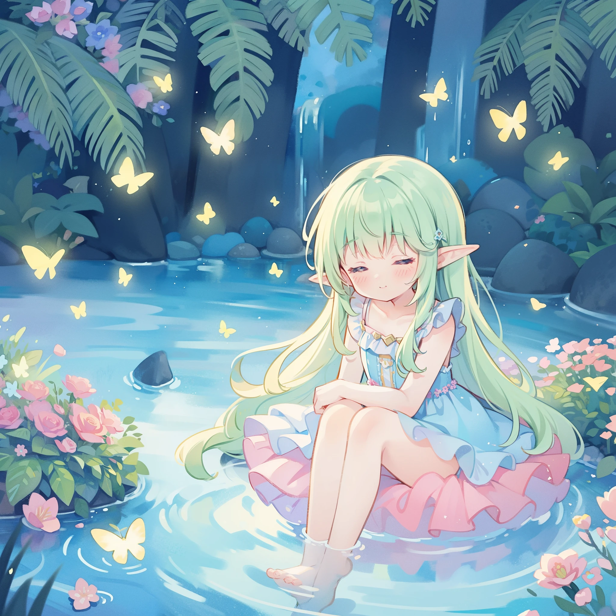 watercolor illustration, vibrant pastel colors, dreamy, colorful, whimsical, magical, masterpiece, best quality, sharp focus, intricately detailed environment, fine detail, 8k resolution, waterfall lagoon, beautiful elf girl in flowing sparkling layered ballgown