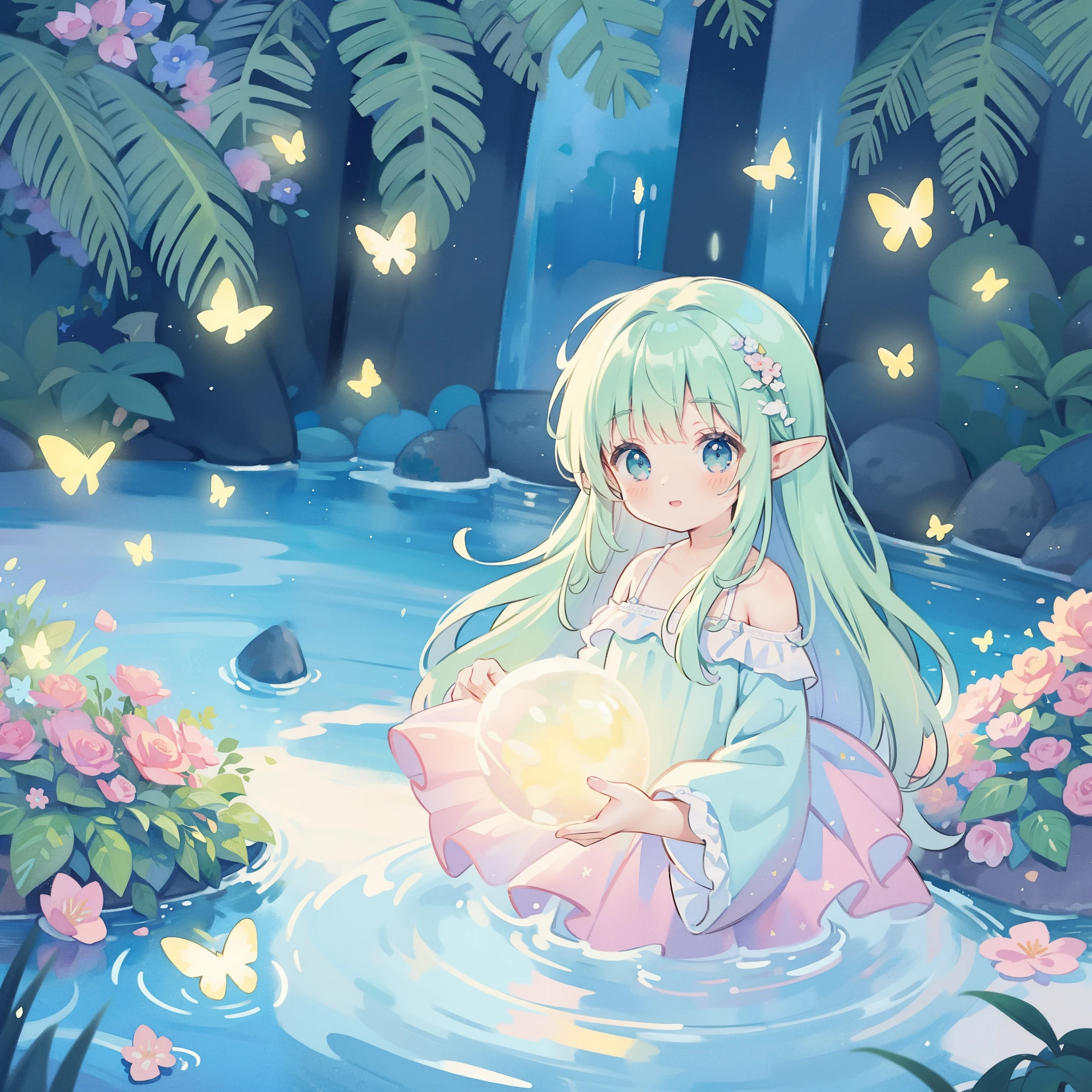watercolor illustration, vibrant pastel colors, dreamy, colorful, whimsical, magical, masterpiece, best quality, sharp focus, intricately detailed environment, fine detail, 8k resolution, waterfall lagoon, beautiful elf girl in flowing sparkling layered ballgown