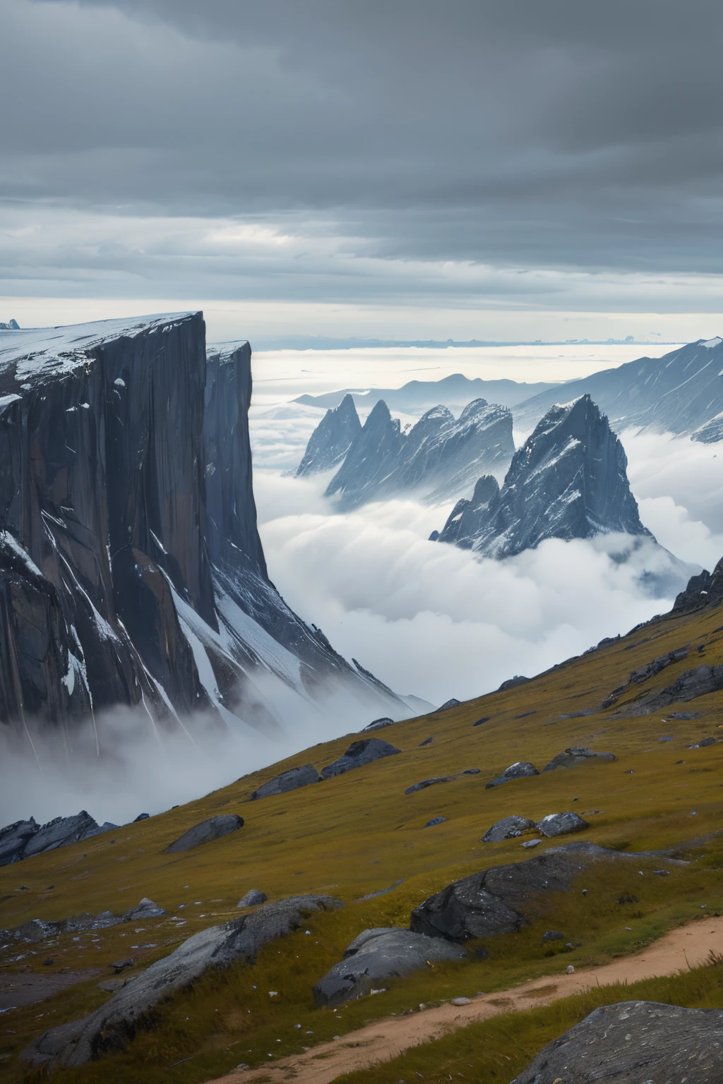 Former landscape, mountainous terrain, hilly region, cloudy sky, grey clouds, no sun, stormy, norse lands, foggy