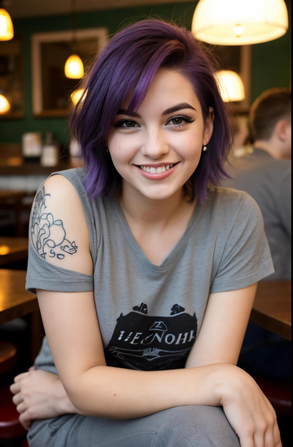 Street photography photo of a young woman with purple hair, They are smiling, feliz, Linda camiseta, tatuajes en sus brazos, Sitting in a 50's restaurant