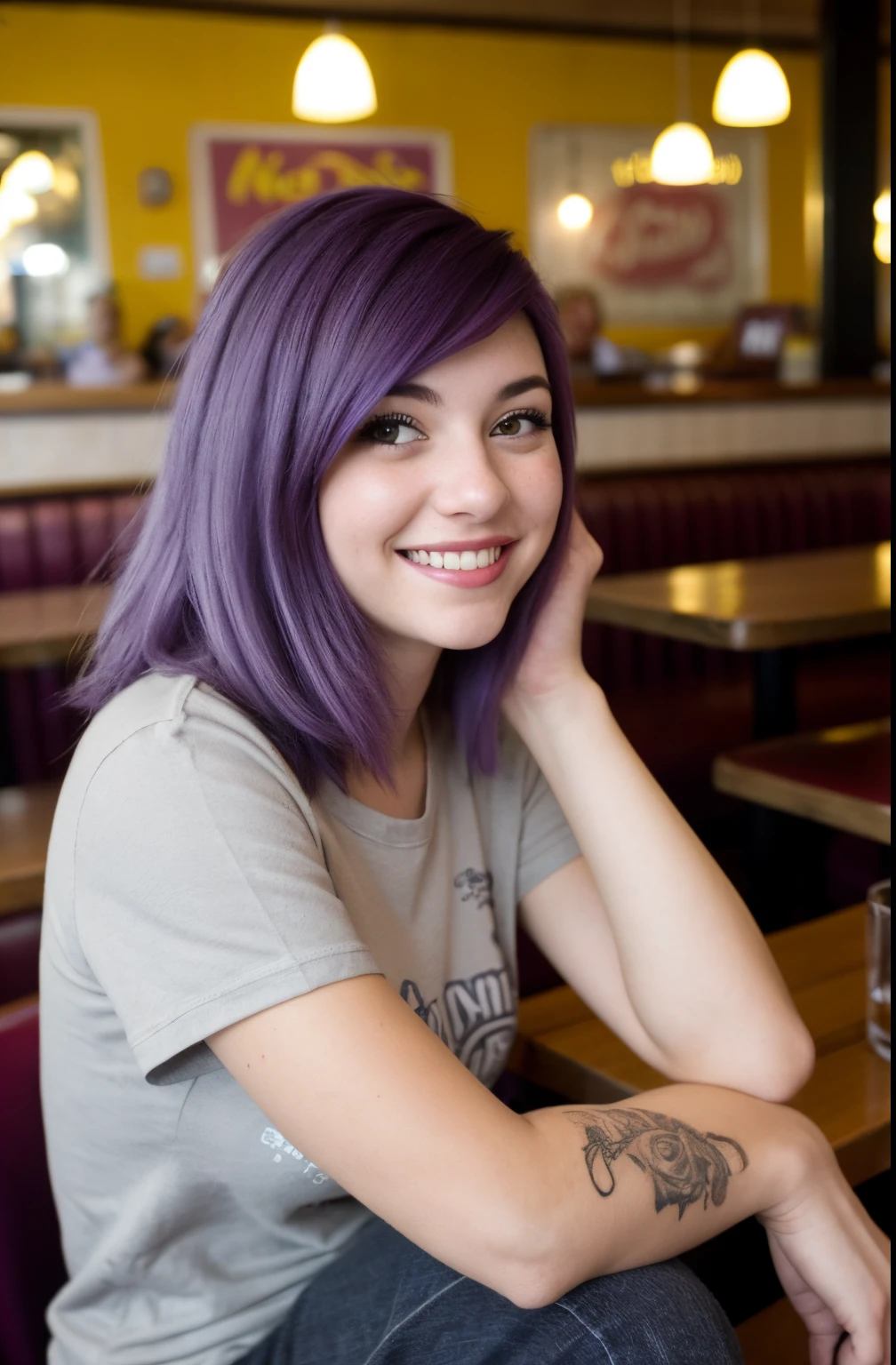 Street photography photo of a young woman with purple hair, They are smiling, feliz, Linda camiseta, tatuajes en sus brazos, Sitting in a 50's restaurant