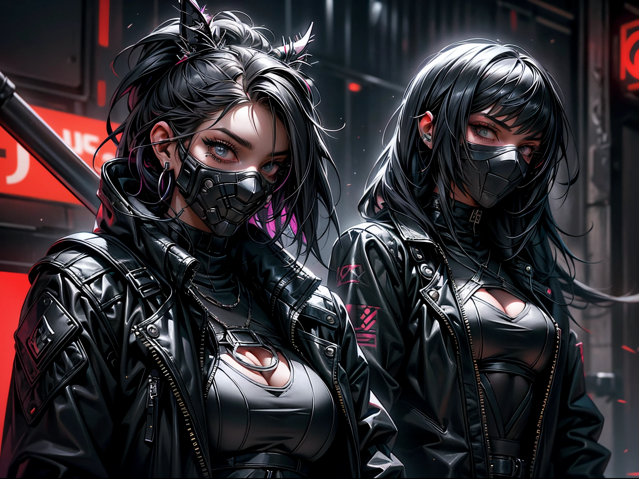 brooke monk and dua lipa in black catsuits wearing techwear and armor, anime cuberpunk gothic art, goth ninja, fishnet clothing, goth rave cyberpunk spiderweb clothing