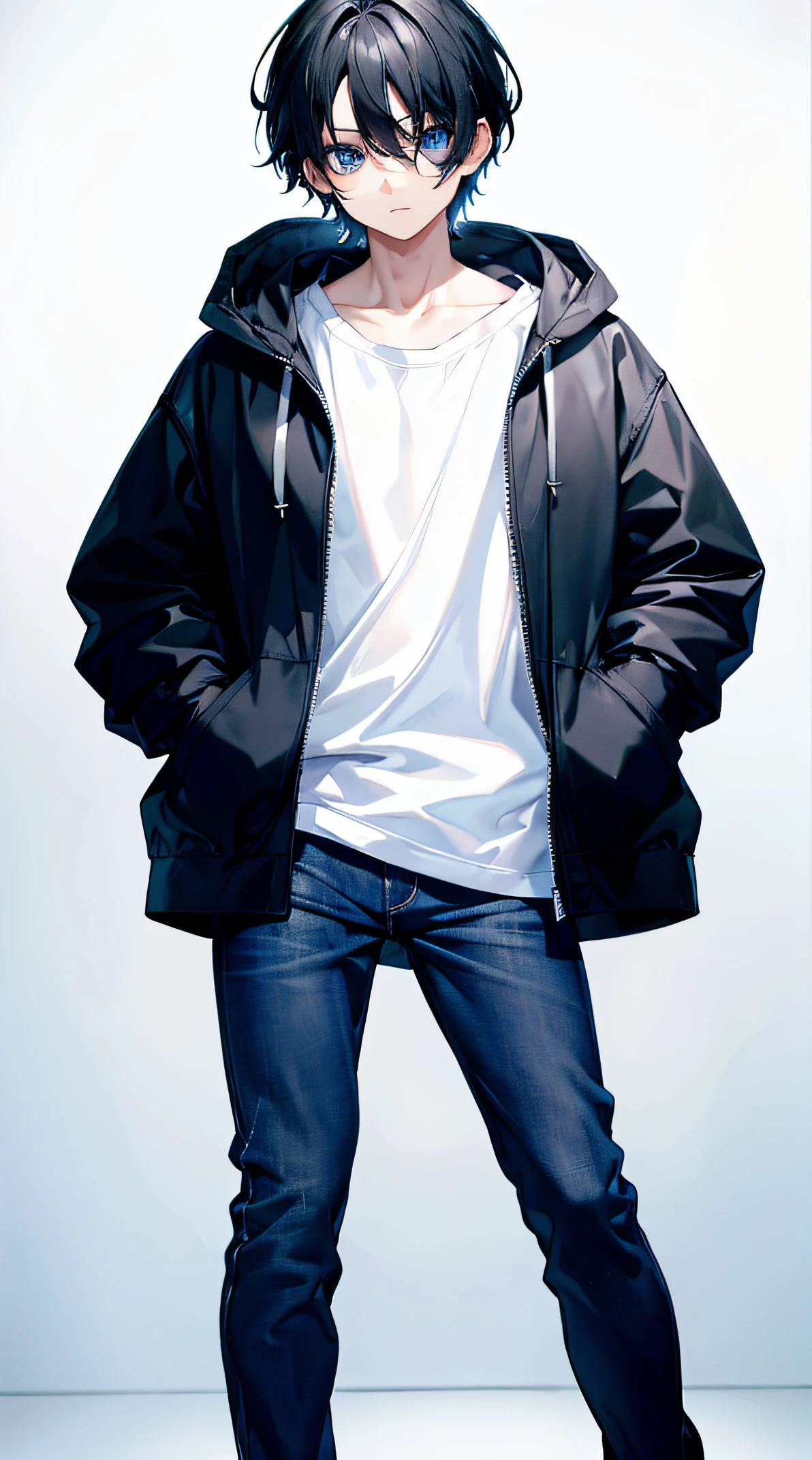 1boy, black hair, blue eyes, blue hoodie, jean pants, no background, 8k, masterpiece, high res, detailed eyes, standing, plain white background