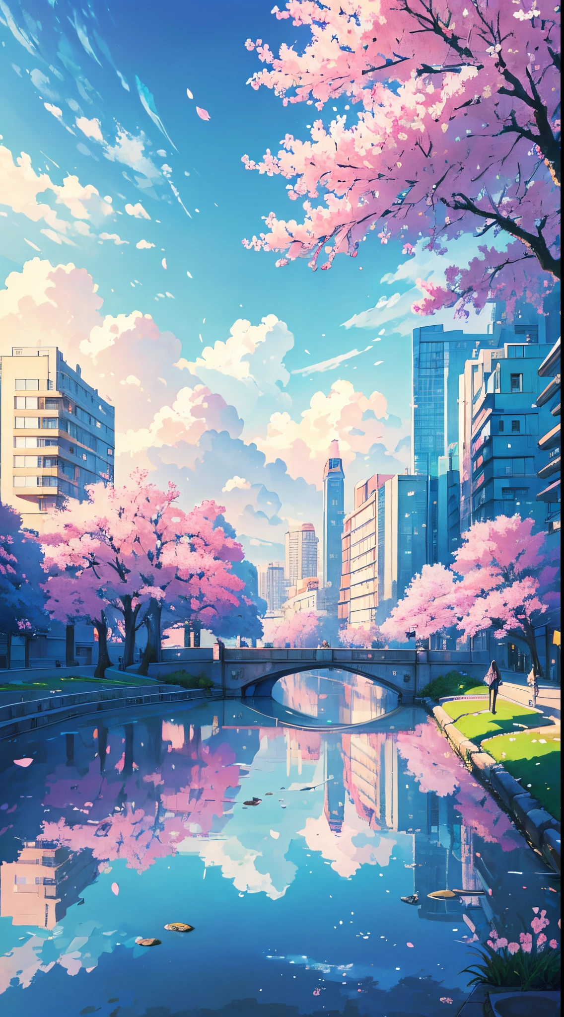 (best quality,4k,8k,highres,masterpiece:1.2),ultra-detailed,(realistic,photorealistic,photo-realistic:1.37),anime fantasy,original character,female,beautiful detailed eyes,beautiful detailed lips,pastel colors,girlish hairstyle,girlish fashion,cute expression,peaceful atmosphere,bright sunny day,flowering trees,spring season,city landscape,garden park,soft clouds in the sky,harmony between nature and urban environment,vibrant and colorful buildings,playful architecture,clear blue river running through the city,reflection of buildings on the water,bridge connecting the two sides of the river,people walking and enjoying the surroundings,friendly and warm atmosphere,subtle shadows and highlights,soft and warm lighting,contrast between natural elements and man-made structures,serene and tranquil atmosphere,blend of modernity and tranquility,stylized and artistic representation,anime-style illustration.