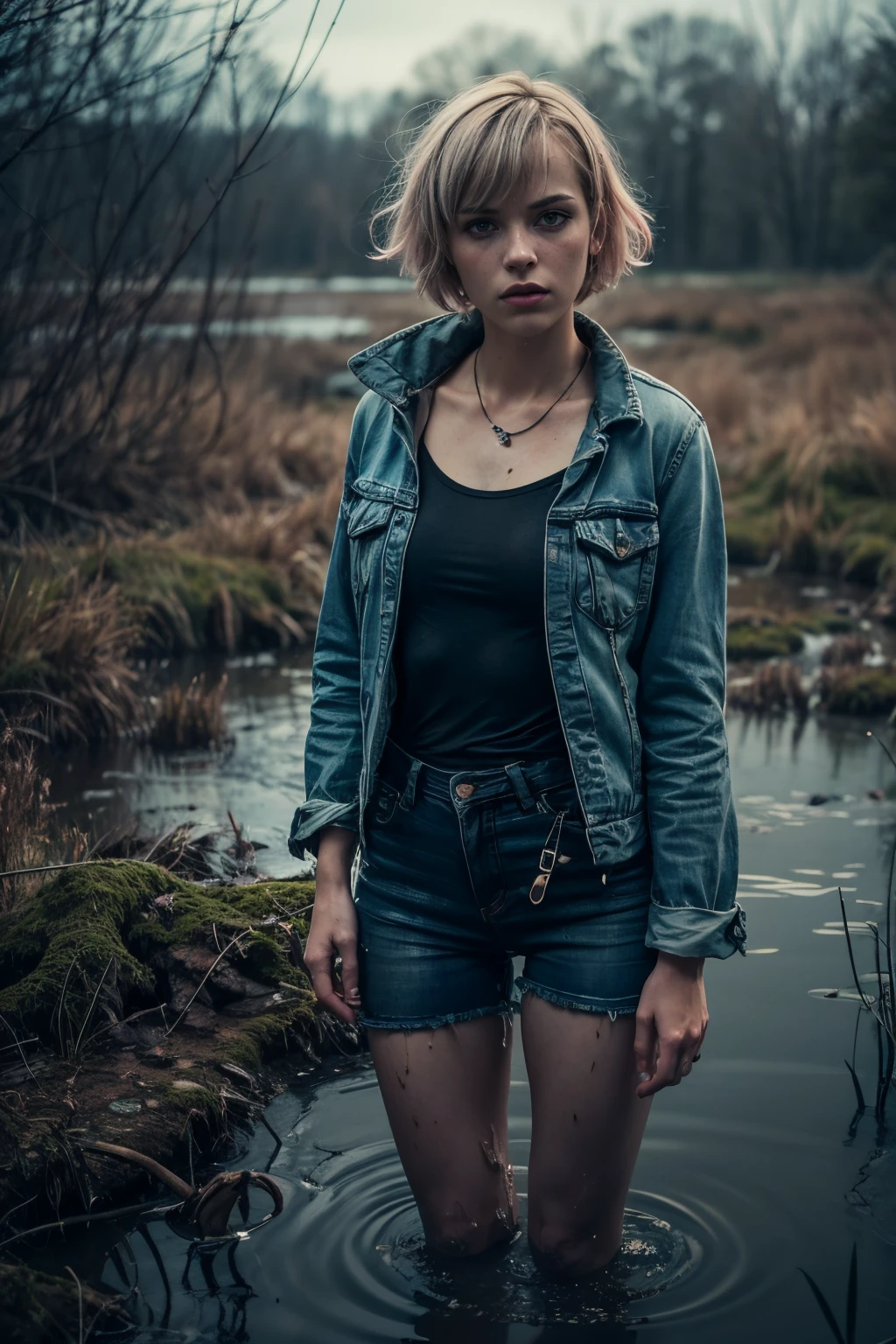 (Best Quality,hight resolution,Masterpiece, Overhead view:1.20),Ultra-detailed,The woman,Wide flares on jeans,sickly,drowning in a swamp,standingn:1.2, overcomes shame:1.3,gloomy ecstasy,dark gloomy atmosphere,gritty texture,melancholic expression on his face,mysterious aura,foggy background,Subtle color palette,provocative pose,Strong emotions,Coming Out of the Depths of Despair,Piercing gaze,intense shadows,Plunged in Darkness,Rugged terrain,ominous vibe,A supernatural sensation,asymmetrical bangs, freckles, pink short hair, Bangs, freckles, gray eyes,