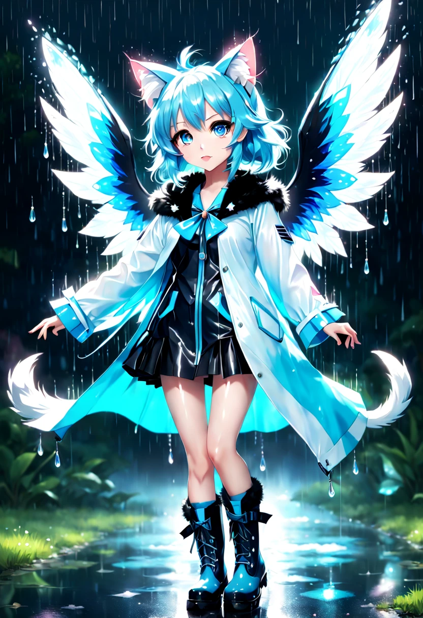 an anime character standing in the rain wearing rain boots, with a cat ears and wings,has a black fur coat and a colorful raincoat,in the style of flickering light effects, xiaofei yue, caninecore, light white and light azure, felinecore, luminous, dark azure, mischievous feline motif, 32k uhd, white and blue, in the style of kawacy, water drops, luminous scenes, luminous, catcore, booru, soft edged, luminous quality, cirno touhou, touhou project official artwork，(best quality at best,4K,8K,a high resolution,tmasterpiece:1.2),ultra-detailed,(actual,realistically,realistically:1.37),