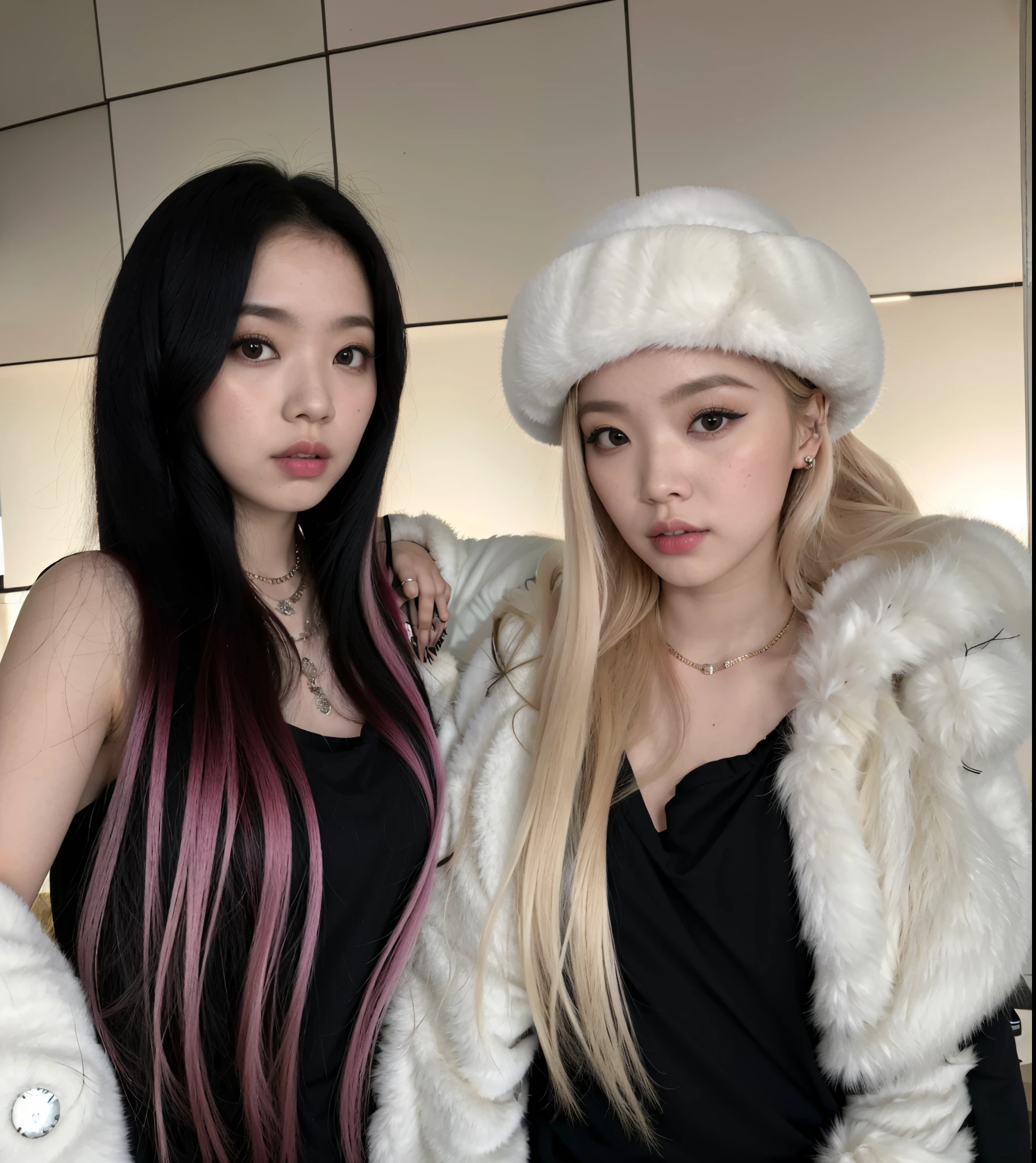 duas mulheres com casacos de pele posando para uma foto em um banheiro, ava max, com cabelos longos brancos, com longos cabelos brancos, Nixeu e Sakimichan, cruel korean goth girl, Ulzzang, pixivs e junji ito, com preto, Retrato de Jossi de Blackpink, foto de perfil, peruca, extremely pale blond hair