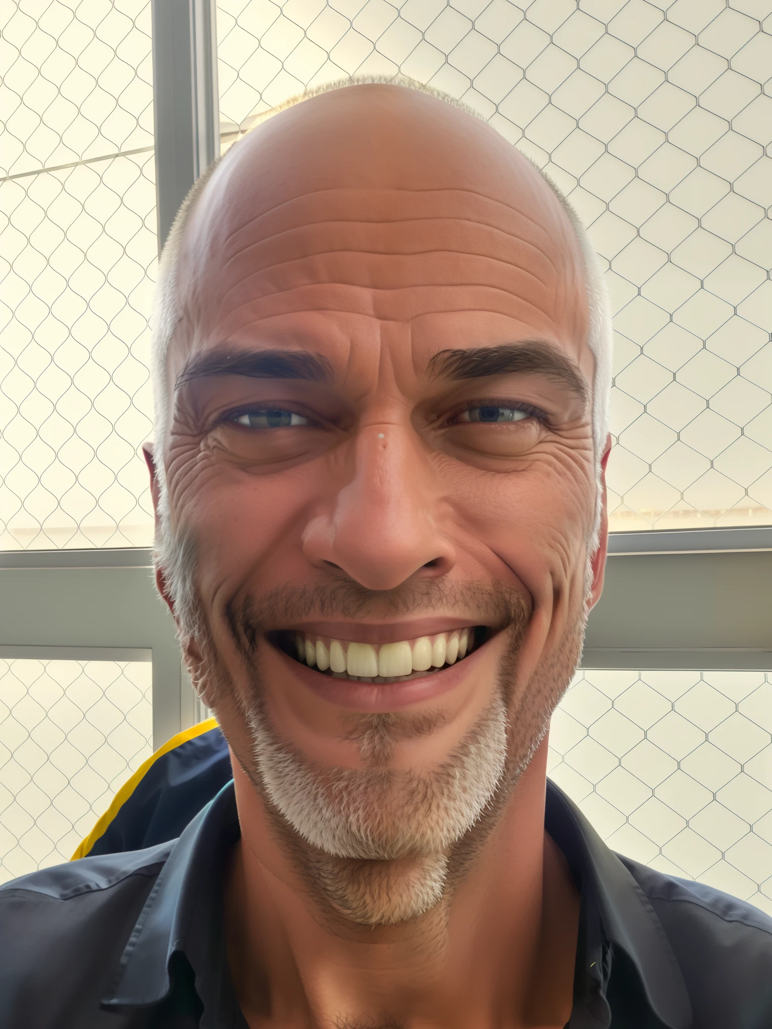 smiling man with shaved head and black shirt in front of a window, selfie de um homem, foto de um homem branco de 50 anos, homem sorridente, Fotografia selfie 8k, taken in the early 2020s, happily smiling at the camera, sorriso insano, Macho sorridente, david rios ferreira, muito ligeiramente sorridente, Ted Nasmit