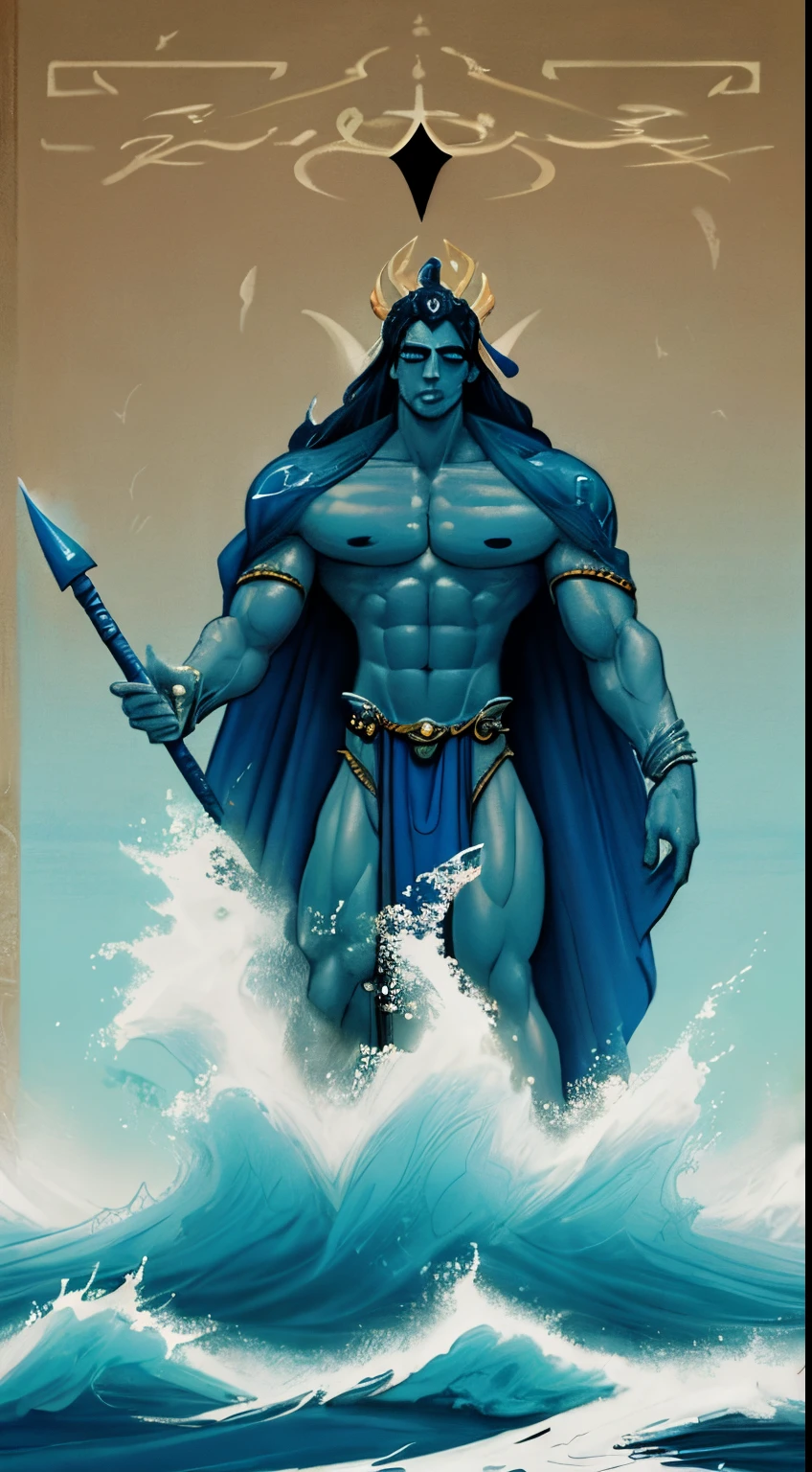 a painting of a man with a spear and a large body of water, The God Poseidon, The God of the Sea, The God Hades, Poseidon, Charon, The Boatman of Hades, God of the Ocean, God of the Underworld, Hades, God Shiva the Destroyer, Furious God Zeus, Like an Atlantean