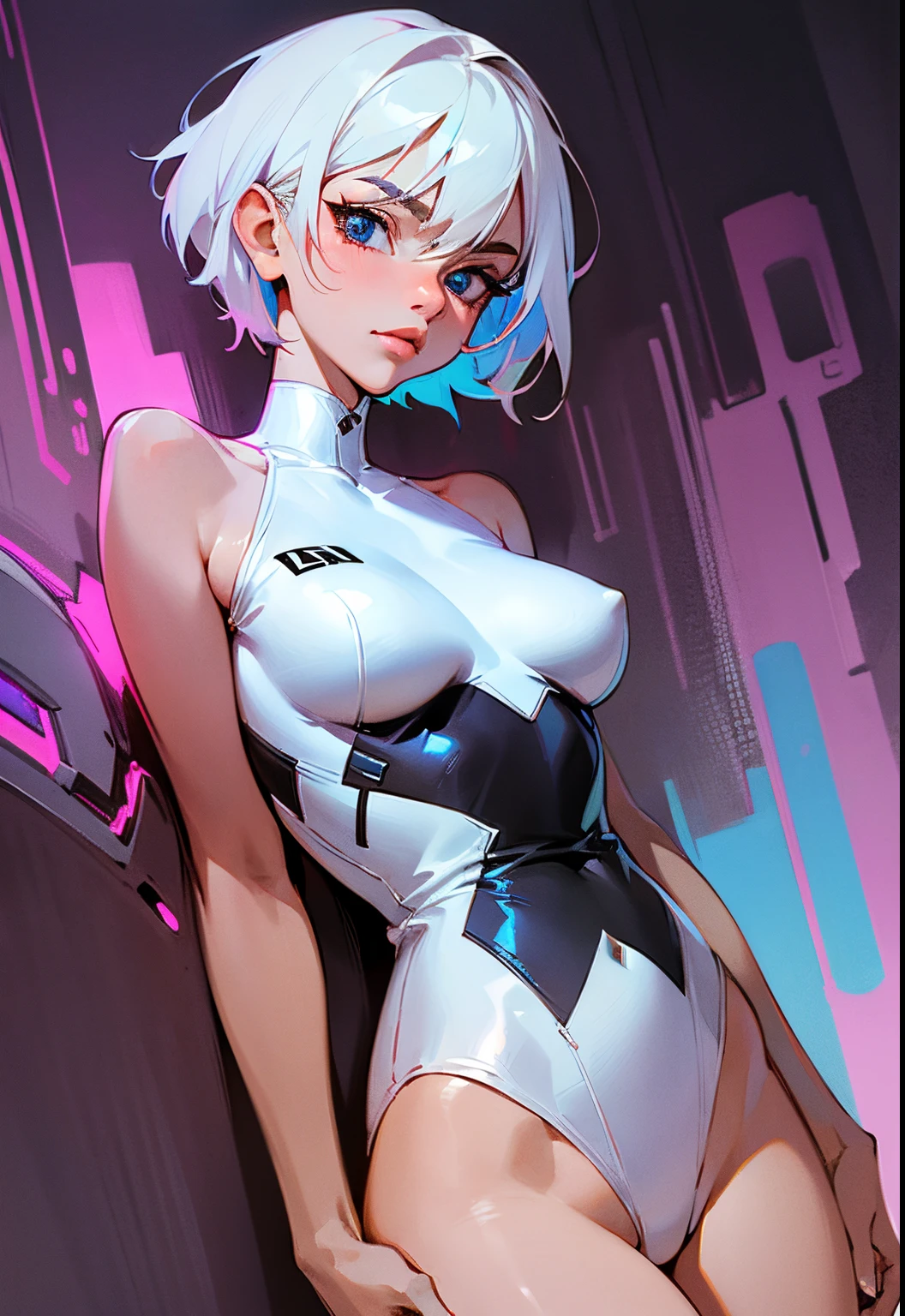 Woman 30 years face close (emily ratajkowski pov), short white hair, sidecut hair, lip filler, tight low-cut white swinsuit, unbuttoned, no buttons, cibernetic accessories, beautiful, small breasts, close, sensual pose, fiery and lascivious wanting more, blue eye, neon lights, abstract white background