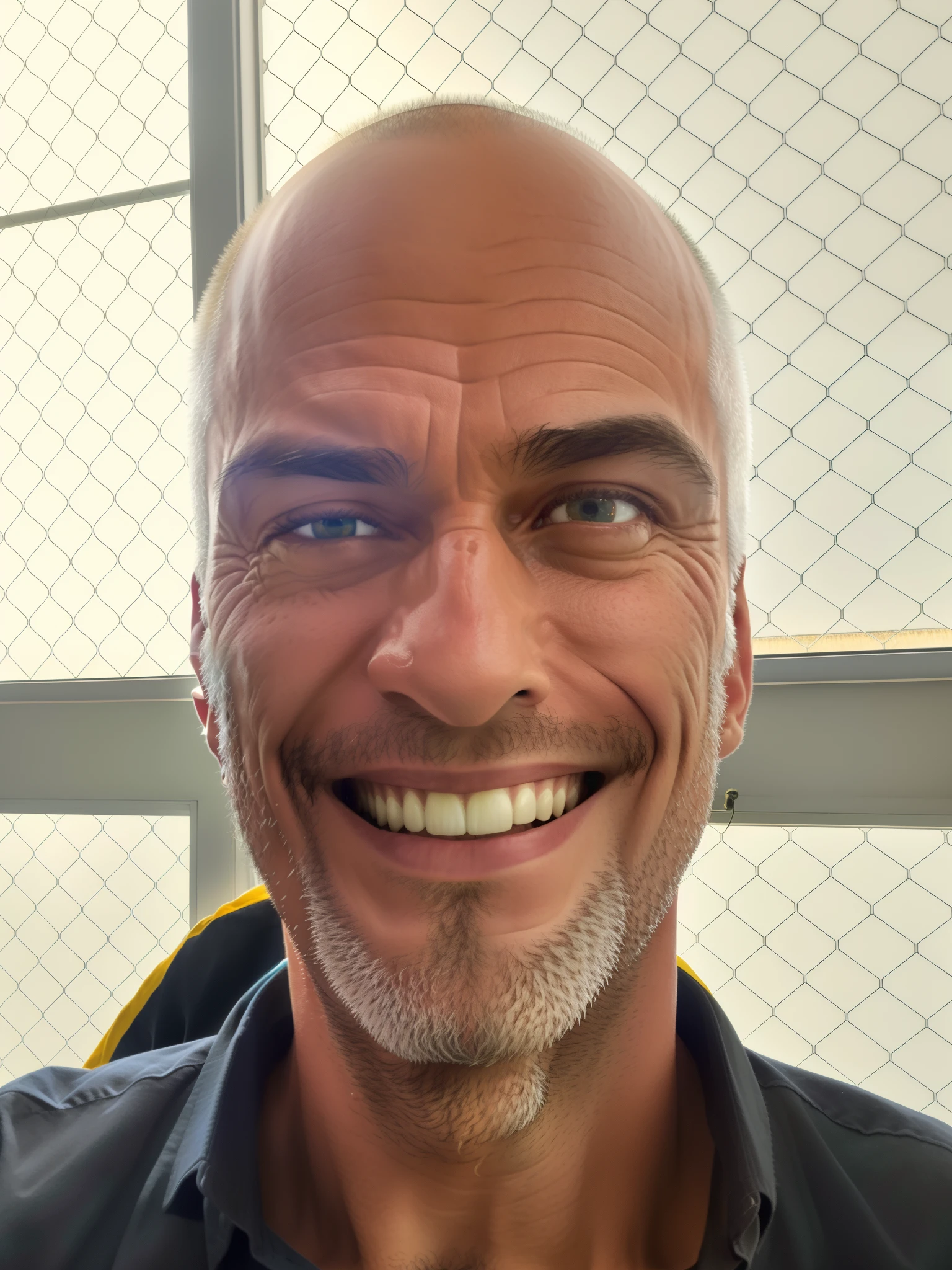 smiling man with shaved head and black shirt in front of a window, selfie de um homem, foto de um homem branco de 50 anos, homem sorridente, Fotografia selfie 8k, taken in the early 2020s, happily smiling at the camera, sorriso insano, Macho sorridente, david rios ferreira, muito ligeiramente sorridente, Ted Nasmit