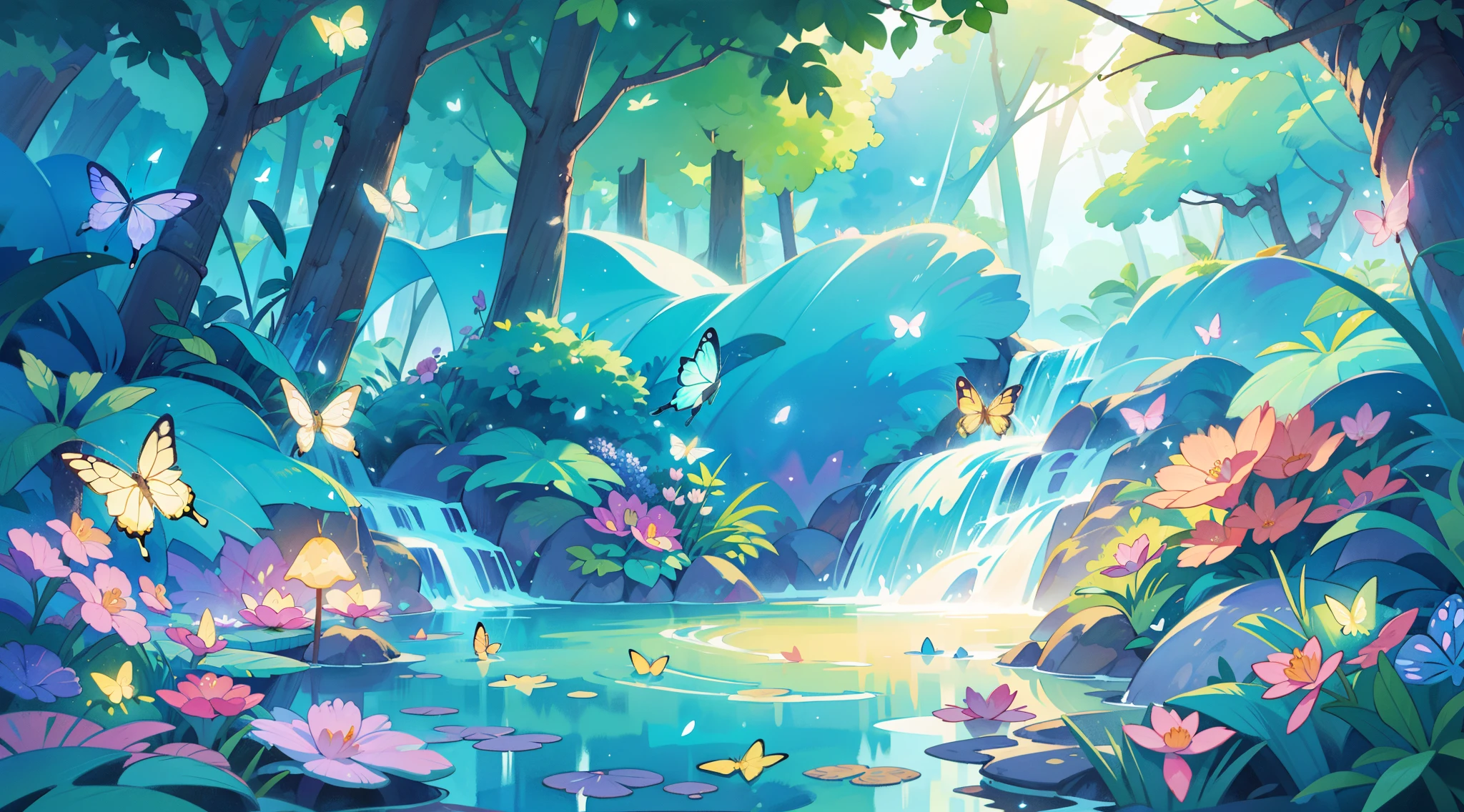 illustration, watercolor illustration, vibrant pastel colors, dreamy, colorful, whimsical, magical, masterpiece, best quality, sharp focus, intricately detailed environment, fine detail, 8k resolution, waterfall lagoon, (magical lagoon), (waterfall, lake), (glowing lights, fireflies, glowing butterflies