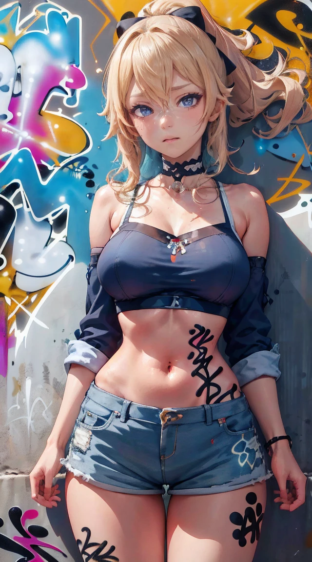 (masuter piece、best qualtiy、ighly detailed、illustratio、超A high resolution)、 ((Colorful graffiti art background at night:1.5)、(highly detailed night background))、 (One Beautiful Girl、Long Blonde Hair、extra detailed face、extremely detailed eye、二重まぶた、blue eyess、sexy facial expression、Open mouth and smile happily、embarrassed from、(Blue earrings)、Thick lip)、 ((Tie the white shirt at the belly button:1.3)、(Showing off her exposed blue bra under her open white shirt:1.7)、(cleavage:1.5)、(tight black pleated skirt:1.6)、(Blue sexy panties:1.4)、Cameltoe)、 (Huge breasts、short waist、wide-hips、thick thight、Plump、skin tanned:1.5)、 posterior view、Lift your skirt with both hands、 (taken from the under:1.5)、ultra close up、NSFW、Scale to fit image