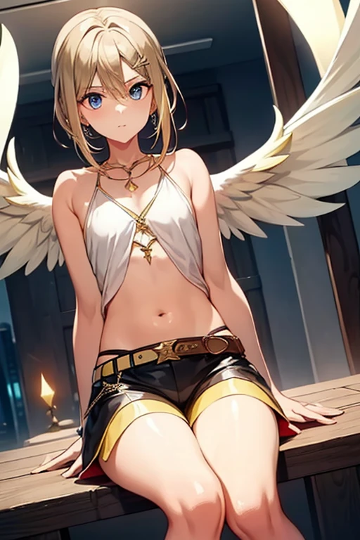 Girl, (8k, best quality, masterpiece), absurdres, detailed face, medium haircut, yellow hair, blunt bangs, red eyes, ((muscular, six pack)), angel, dark halo, angel wings, 😠😠😠, big breast, thick tighs, sexy, house