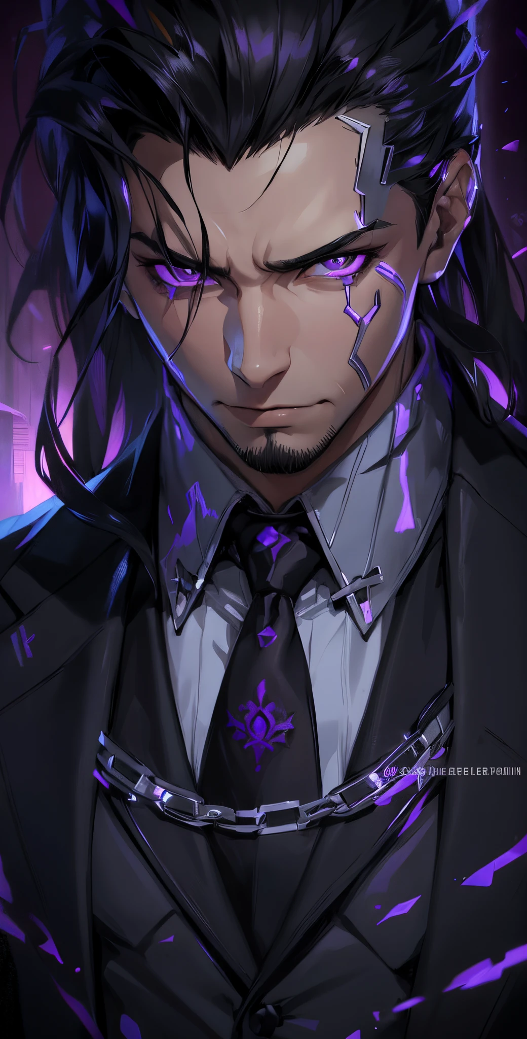1male, black hair, purple eyes, handsome, evil, wearing a suit, smirk, 4k, official art, masterpiece, highly detailed, stunning quality