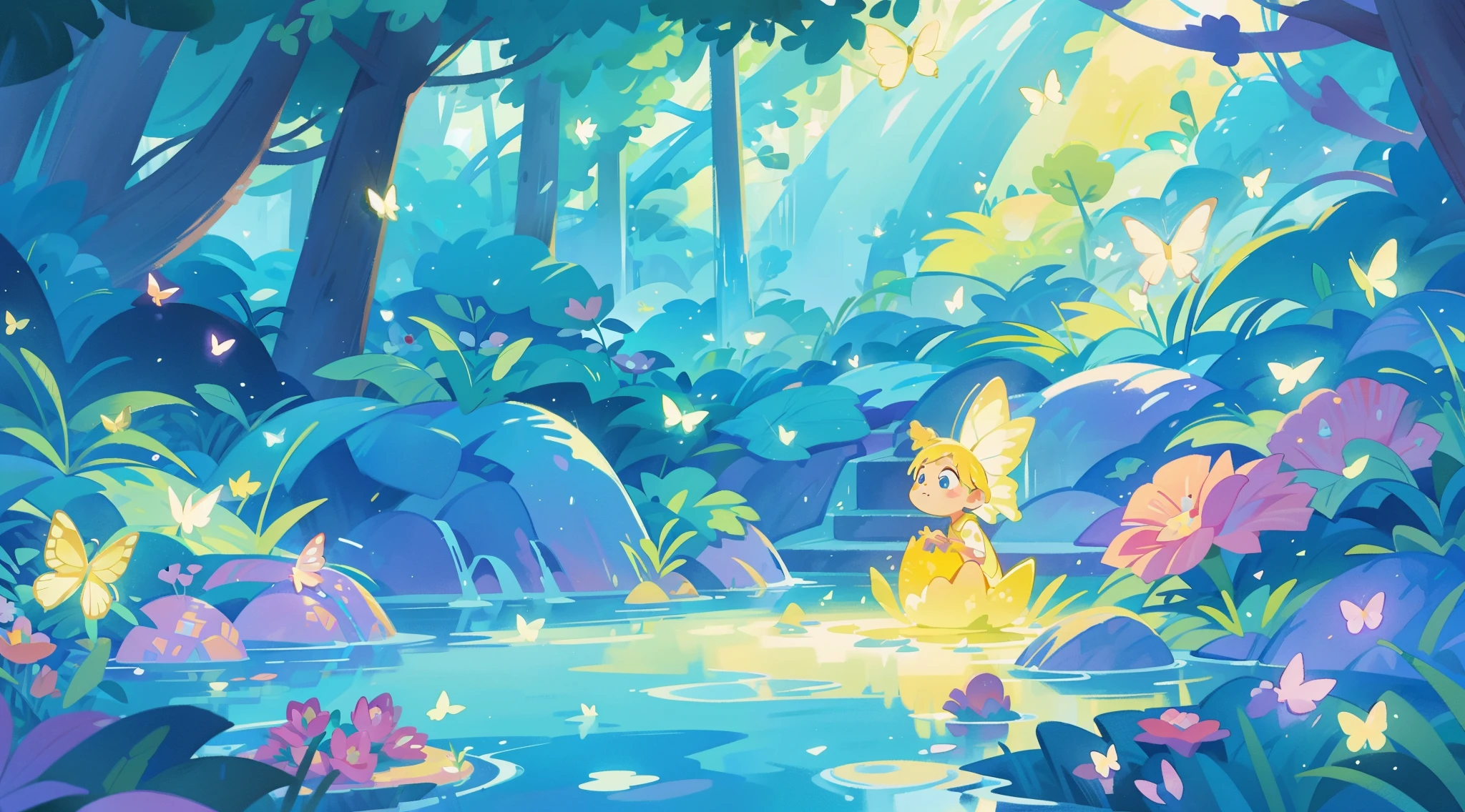 illustration, watercolor illustration, vibrant pastel colors, dreamy, colorful, whimsical, magical, masterpiece, best quality, sharp focus, intricately detailed environment, fine detail, 8k resolution, waterfall lagoon, (magical lagoon), (waterfall, lake), (glowing lights, fireflies, glowing butterflies