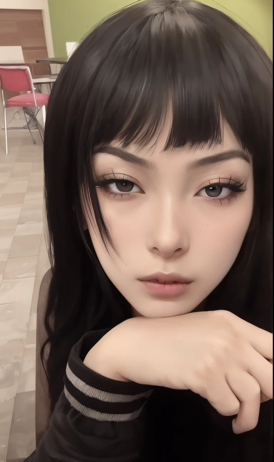 Un primer plano de una mujer con el pelo negro y una blusa negra, Hermosa Delphine, Drilling bracket, Anime hiperrealista, Chica de anime en la vida real, vibraciones de anime, detailed face of a asian girl, Cara de Ahegao, 1 7 - year - old goth girl, cruel korean goth girl, con cabello largo y ojos penetrantes, Ella tiene el pelo negro con flequillo