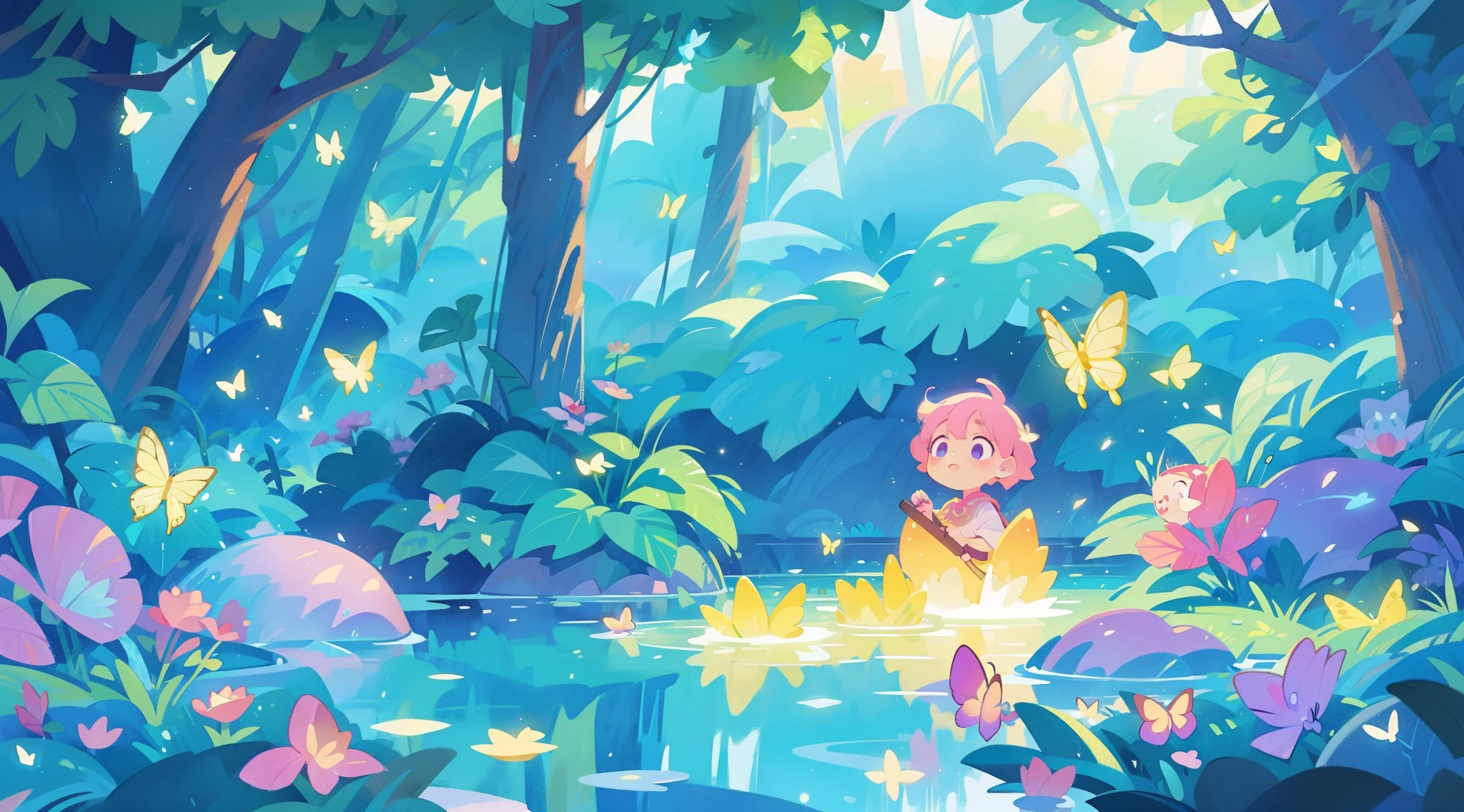 illustration, watercolor illustration, vibrant pastel colors, dreamy, colorful, whimsical, magical, masterpiece, best quality, sharp focus, intricately detailed environment, fine detail, 8k resolution, waterfall lagoon, (magical lagoon), (waterfall, lake), (glowing lights, fireflies, glowing butterflies