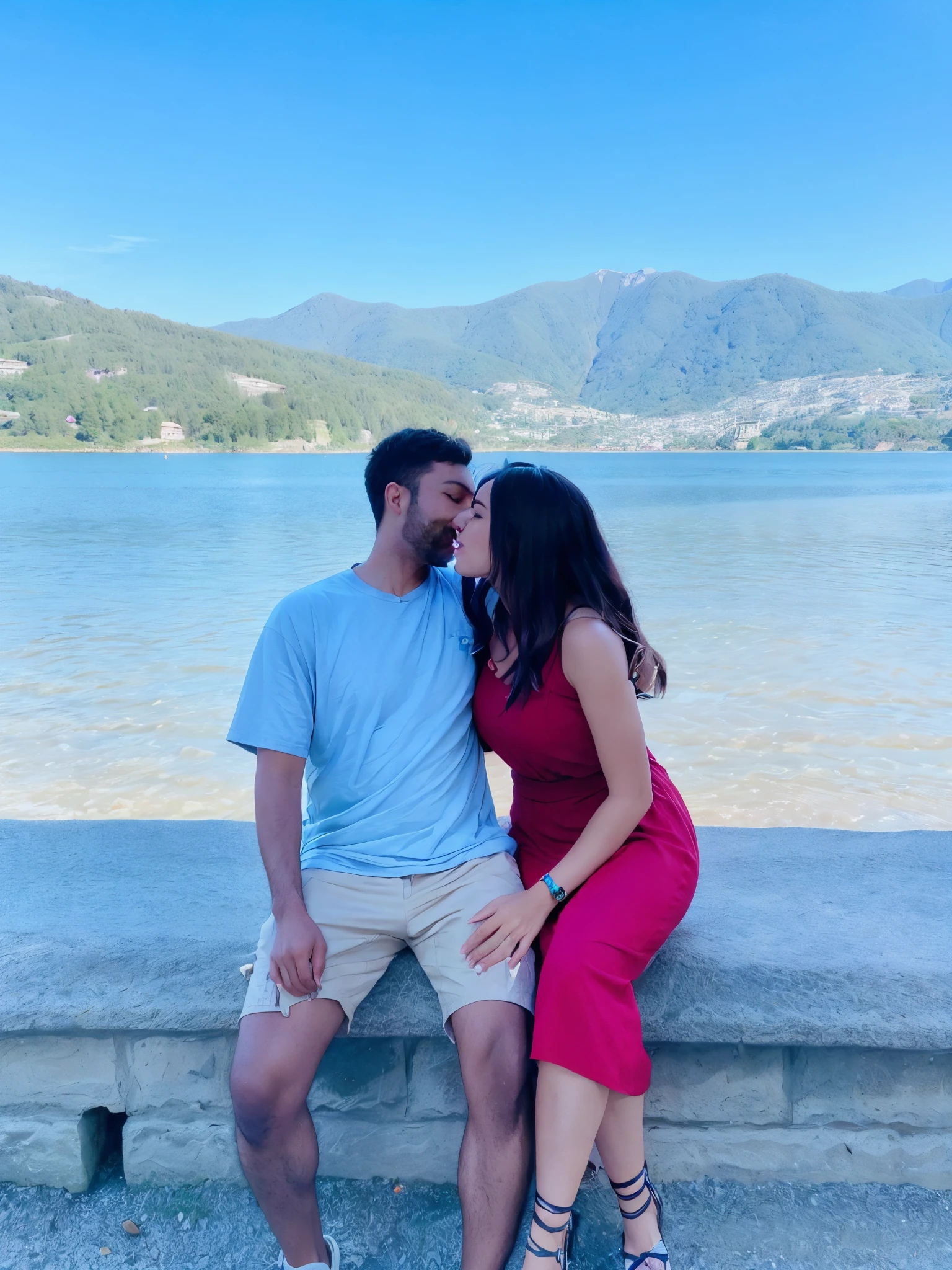 there is a man and woman sitting on a stone bench by the water, with mountains in the background, sitting in front of a lake, 🤬 🤮 💕 🎀, profile image, with mountains in background, taken in 2 0 2 0, lake in the background, reddit post, vacation photo, mixed art, by Tom Wänerstrand, 4k post
