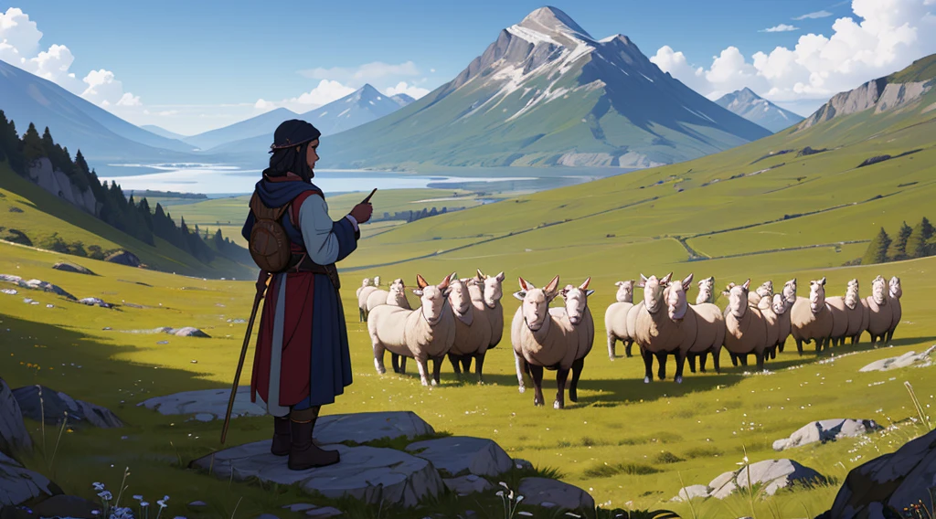 a first-century sheepherder standing on a mountain, Ultra Qualidade, Ultra Definition, scenic view, Arte e detalhes de alta qualidade, Estilo retrato realista, paleta de cores sutil, fundo vibrante, texturas naturais, Sombras profundas, destaca sutil, historical accuracy, meticulous attention to detail, Profundidade e intensidade emocional, authentic representation, instigante, atmosfera espiritual, Um Senso de Sabedoria Antiga, Impacto profundo