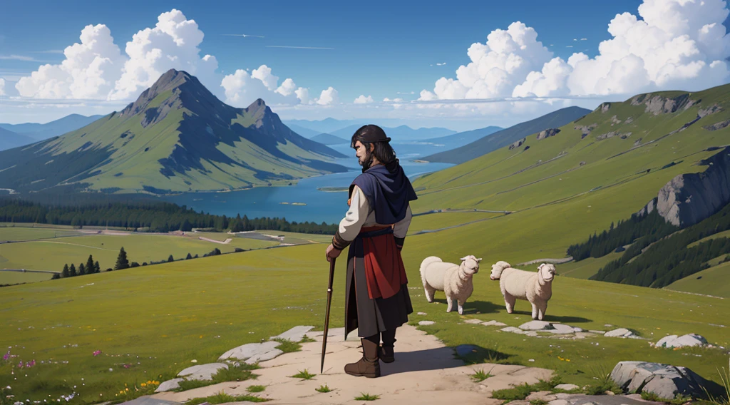 a first-century sheepherder standing on a mountain, Ultra Qualidade, Ultra Definition, scenic view, Arte e detalhes de alta qualidade, Estilo retrato realista, paleta de cores sutil, fundo vibrante, texturas naturais, Sombras profundas, destaca sutil, historical accuracy, meticulous attention to detail, Profundidade e intensidade emocional, authentic representation, instigante, atmosfera espiritual, Um Senso de Sabedoria Antiga, Impacto profundo