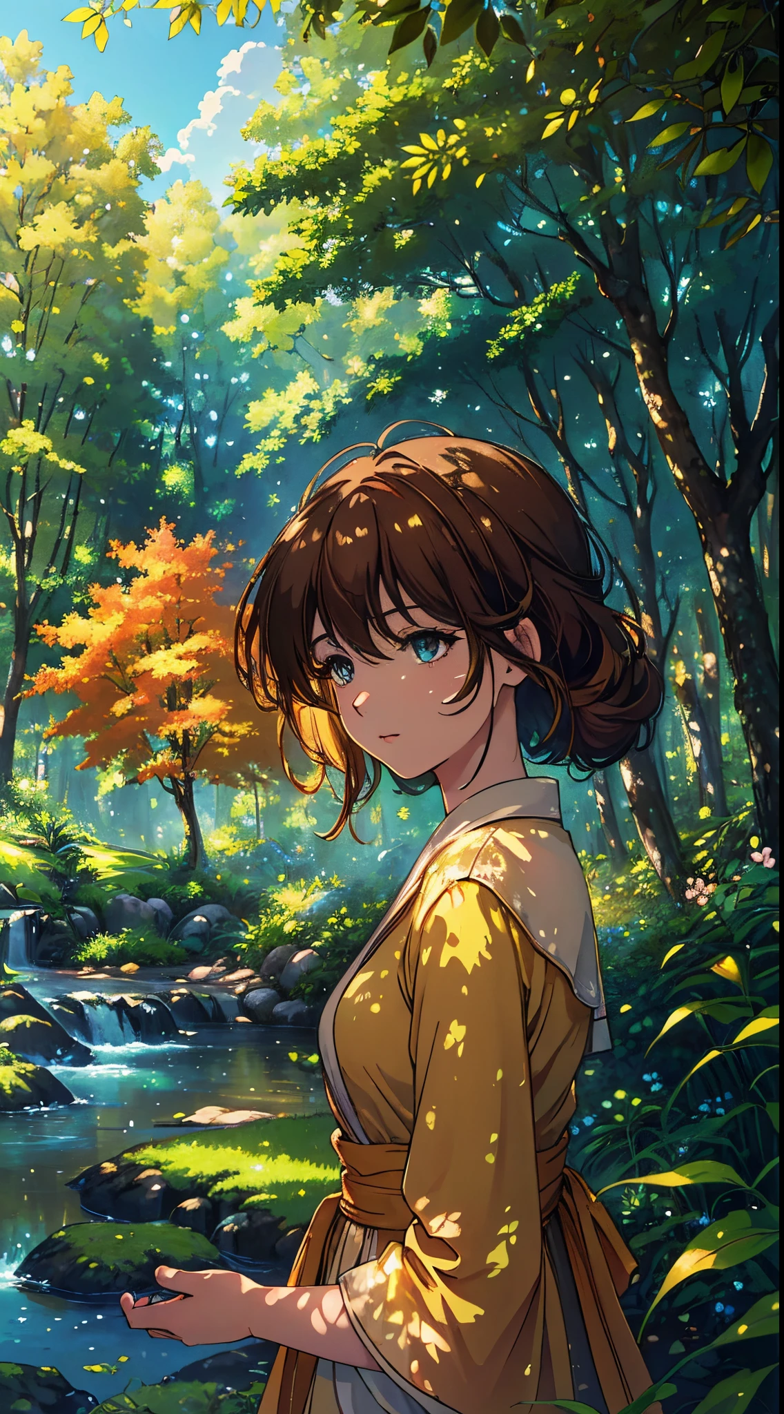 (best quality,4k,8k,highres,masterpiece:1.2),ultra-detailed,realistic,photorealistic:1.37,anime girl,beautiful detailed eyes,beautiful detailed lips,long eyelashes,natural beauty,peaceful expression,forest landscape,greenery everywhere,lush trees and plants,golden sunlight filtering through the leaves,serene atmosphere,vibrant colors,red,orange,brown,yellow,and lime green colors,soft sunlight creating warm tones,subtle shadows adding depth and dimension,gentle breeze rustling the leaves,tranquil ambiance,immersive 3D rendering,high-definition textures,detailed foliage and flowers,gorgeous sky with puffy clouds and a hint of blue,picturesque scenery in an anime art style.