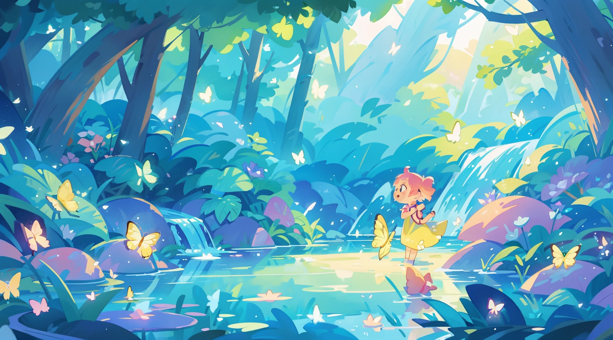 illustration, watercolor illustration, vibrant pastel colors, dreamy, colorful, whimsical, magical, masterpiece, best quality, sharp focus, intricately detailed environment, fine detail, 8k resolution, waterfall lagoon, (magical lagoon), (waterfall, lake), (glowing lights, fireflies, glowing butterflies