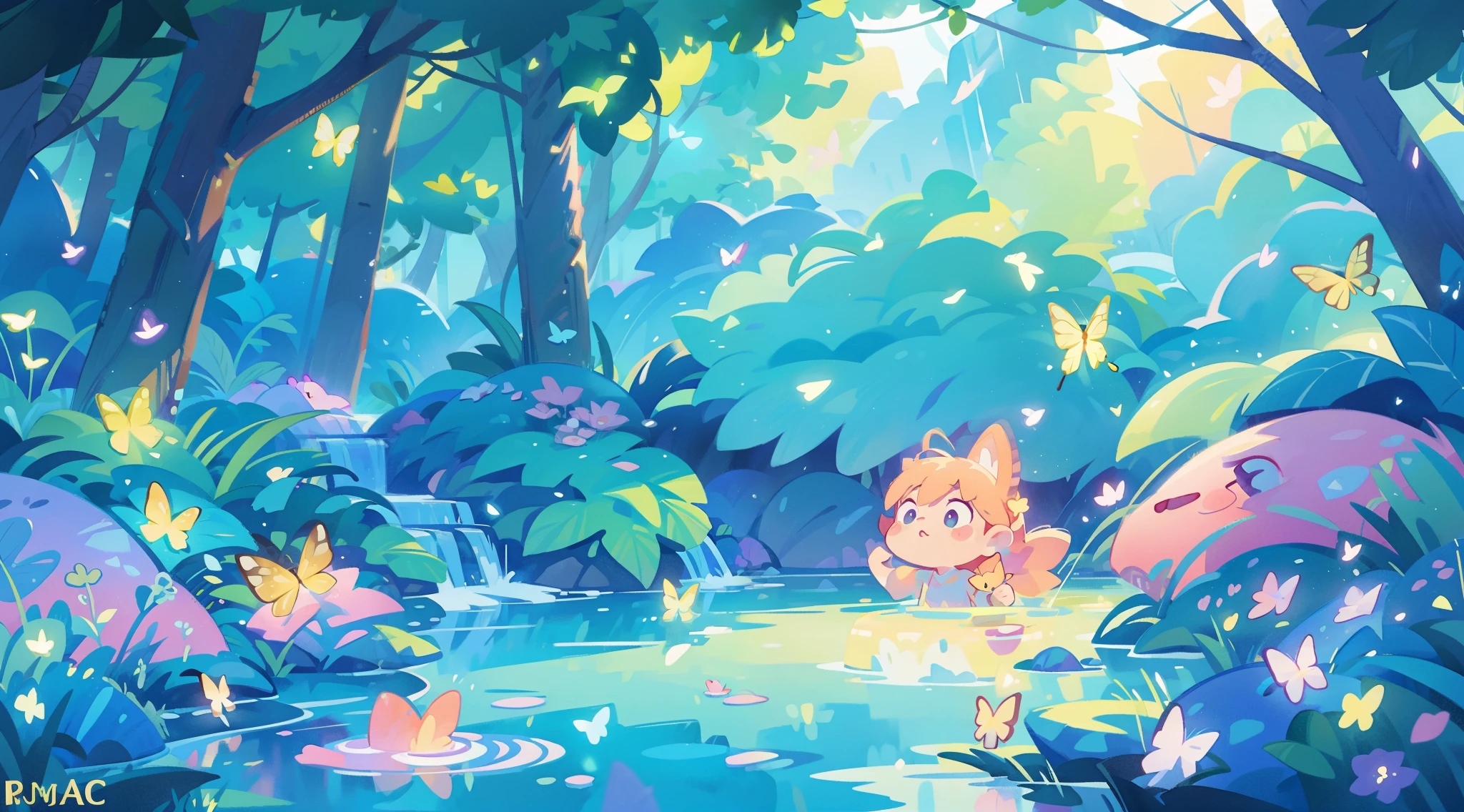 illustration, watercolor illustration, vibrant pastel colors, dreamy, colorful, whimsical, magical, masterpiece, best quality, sharp focus, intricately detailed environment, fine detail, 8k resolution, waterfall lagoon, (magical lagoon), (waterfall, lake), (glowing lights, fireflies, glowing butterflies