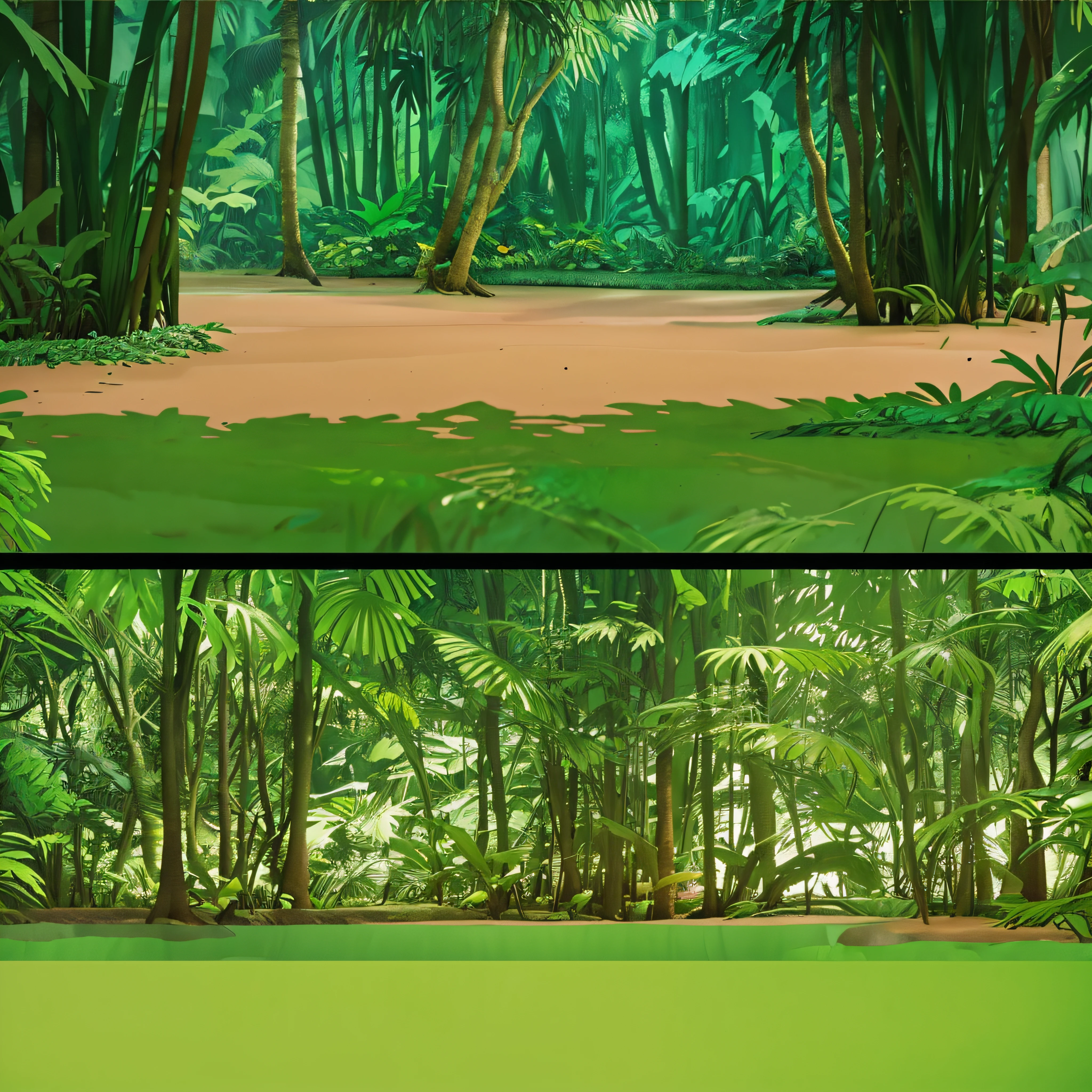 there are two pictures of a forest with a pond and a forest, background jungle, background art, jungle environment, forest backdrop, art nouveau jungle environment, the jungle at the background, jungle background, the background is lush jungle, various backgrounds, 2 d game environment design, 2 d game art background, environment design illustration, forest environment, background artwork, forrest background