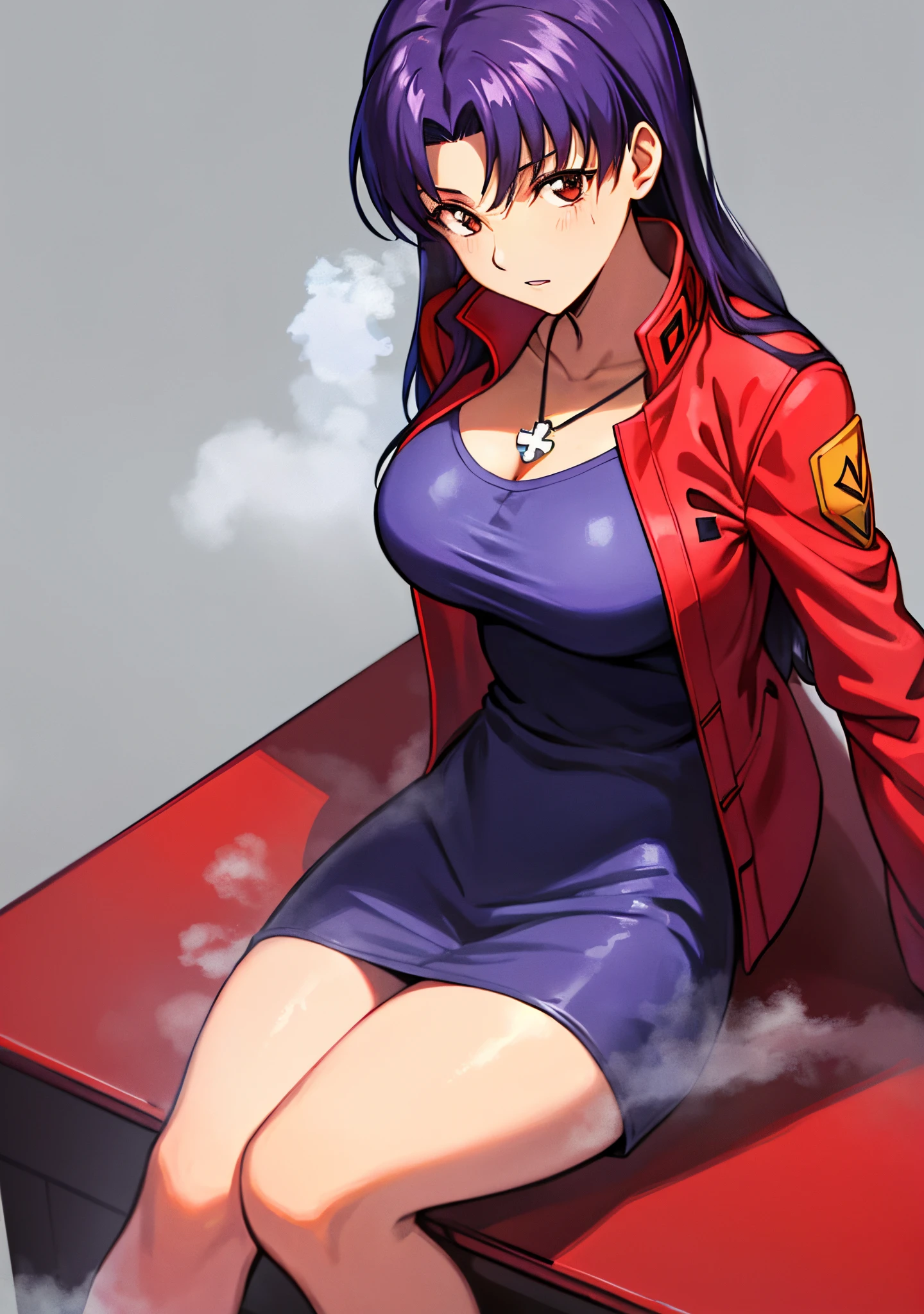 masutepiece, Best Quality, Very detailed_nffsw_Unity_8K_ Wallpaper, Very detailed _ Eyes, Evangelion: 3.0 you can \ (Not \) redo, girl, Solo, Misato Katsuragi, Brown eyes, Indigo hair, Big breasts, Cross Necklace, Red jacket, Mature Woman, Older, Gonzo,From directly above,soio,legs up,,gape ,(steam:1.1),Background blur,ultra-detailliert,break the climax,Cum Drip,The chest is visible、