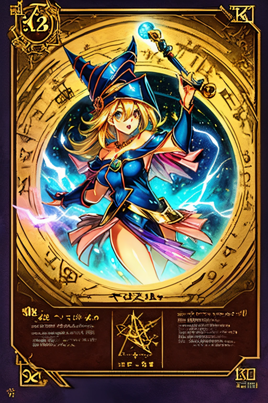 Una chica maga oscura flotando tiernamente, magical aura, fantasy background, Runa brillante, (( una tarjeta Yu-Gi-Oh debajo de ella)), dando una vibra de que fue convocada,epic composition, (Detalles complejos), (complex design, Ultra-detalles :1.2), Art Station, (Obra maestra, La mejor calidad), Ultra HD, 32K ,Renderizado de octanaje, bioluminiscente,8k resolution concept art, realismo,por Mappa studios,Obra maestra,La mejor calidad,Arte Oficial,illustration,clear line,(fresco_Color),perfect composition,absurdos, fantasy,( debajo de ella hay una tarjeta de Yu-Gi-Oh), Diagrama
