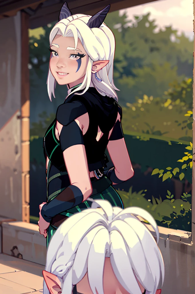 Pov behind, 1 girl, girl looking back at camera, smiling, elf ears, violet eyes white hair, perfect face, perfect smile, perfect masterpiece, ultra high quality, hair details, perfect details, high fidelity, perfect sketch, high resolution, precise,