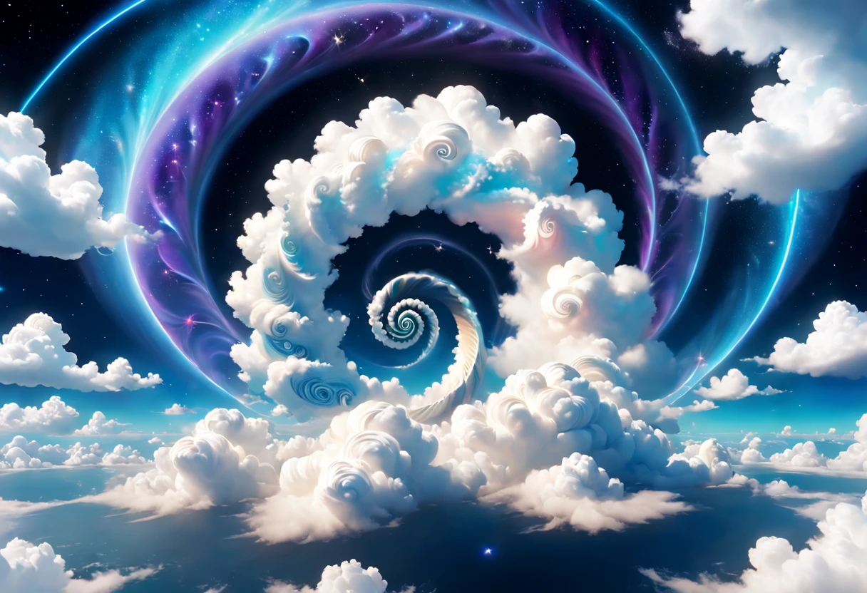 sunrise over the sea，Araf image of clouds in sky with spiral pattern, Beautiful space-time clouds filled with stars,4K, 32K Ultra HD style, Japanese inspired imagery, spirals, Cute and dreamy, Turn on RTX,azuria short film, Japanese style imagery, 8k 3d, spiral group, Impressive skies, Star Art Troupe (As estrelas), Ultra high-definition images, optical illusion inspiration,(from below),