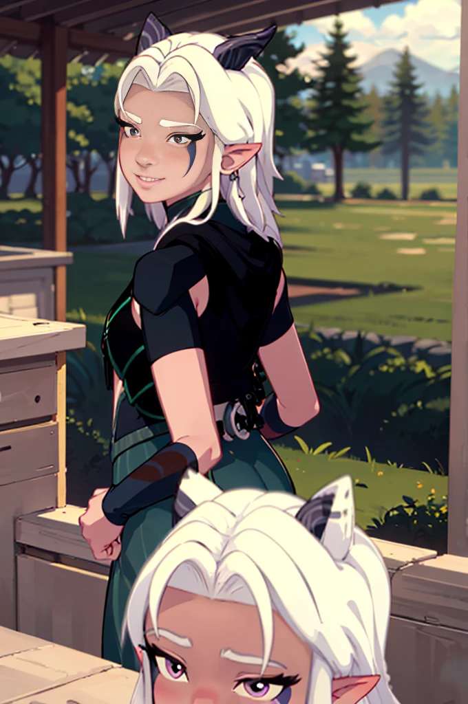 Pov behind, 1 girl, girl looking back at camera, smiling, elf ears, violet eyes white hair, perfect face, perfect masterpiece, ultra high quality, hair details, perfect details, high fidelity, perfect sketch, high resolution, precise,