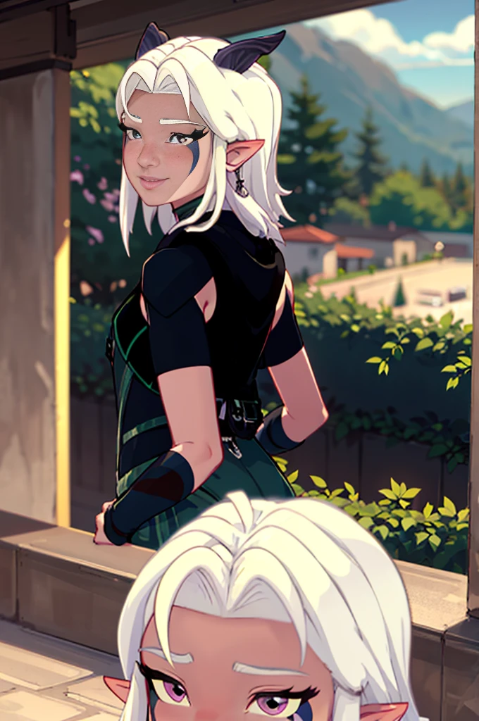 Pov behind, 1 girl, girl looking back at camera, smiling, elf ears, violet eyes white hair, perfect face, perfect masterpiece, ultra high quality, hair details, perfect details, high fidelity, perfect sketch, high resolution, precise,