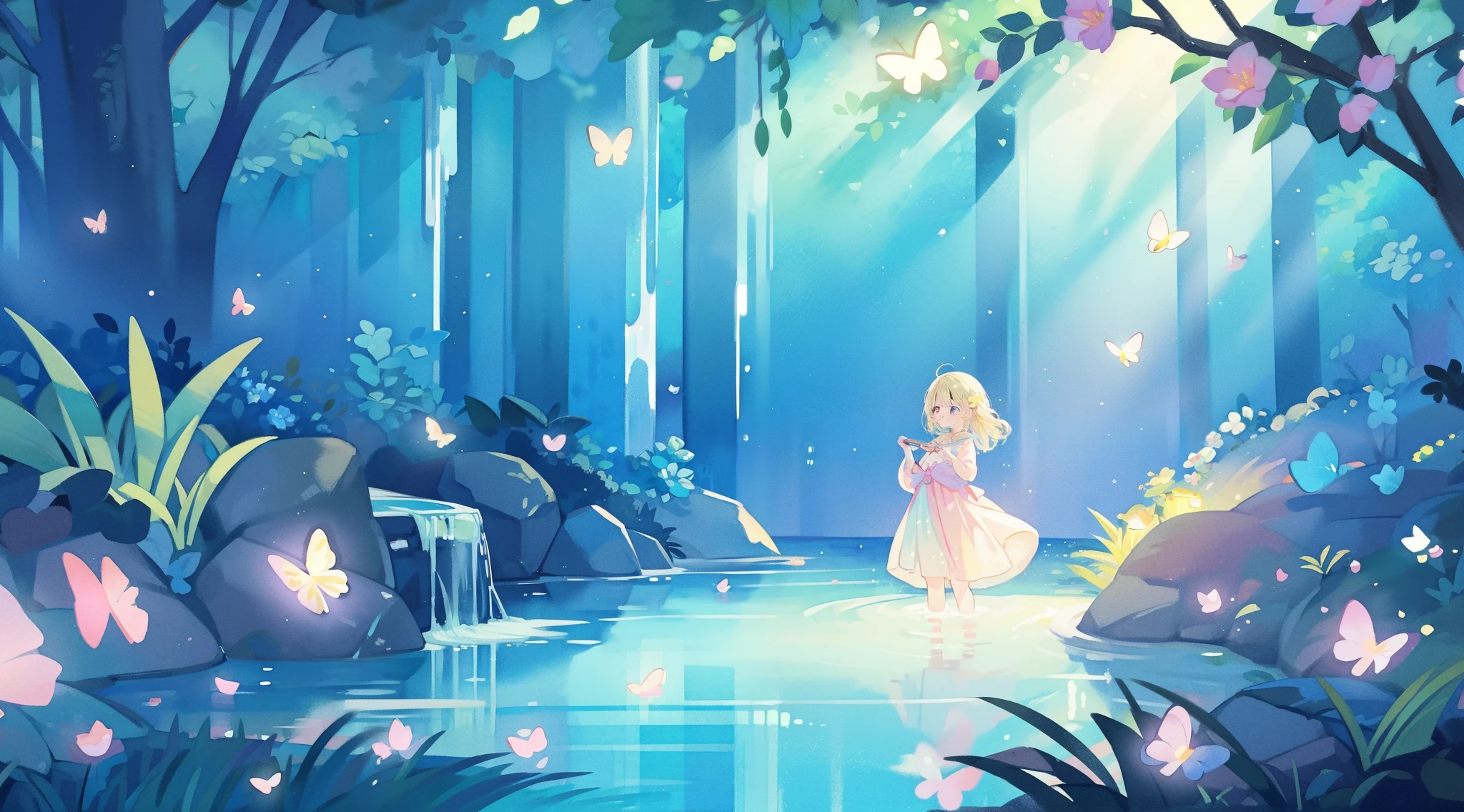 illustration, watercolor illustration, vibrant pastel colors, dreamy, colorful, whimsical, magical, masterpiece, best quality, sharp focus, intricately detailed environment, fine detail, 8k resolution, waterfall lagoon, (magical lagoon), (waterfall, lake), (glowing lights, fireflies, glowing butterflies