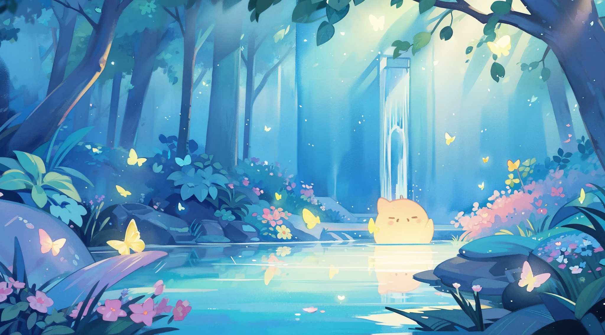 illustration, watercolor illustration, vibrant pastel colors, dreamy, colorful, whimsical, magical, masterpiece, best quality, sharp focus, intricately detailed environment, fine detail, 8k resolution, waterfall lagoon, (magical lagoon), (waterfall, lake), (glowing lights, fireflies, glowing butterflies