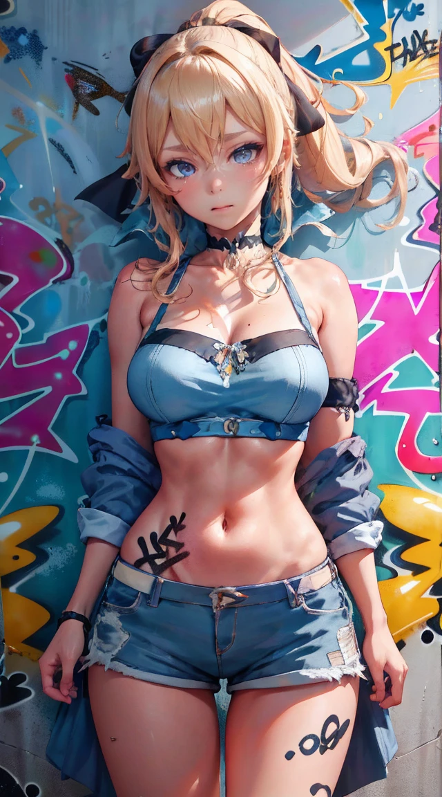 (masuter piece、best qualtiy、ighly detailed、illustratio、超A high resolution)、 ((Colorful graffiti art background at night:1.5)、(highly detailed night background))、 (One Beautiful Girl、Long Blonde Hair、extra detailed face、extremely detailed eye、二重まぶた、blue eyess、sexy facial expression、Open mouth and smile happily、embarrassed from、(Blue earrings)、Thick lip)、 ((Tie the white shirt at the belly button:1.3)、(Showing off her exposed blue bra under her open white shirt:1.7)、(cleavage:1.5)、(tight black pleated skirt:1.6)、(Blue sexy panties:1.4)、Cameltoe)、 (Huge breasts、short waist、wide-hips、thick thight、Plump、skin tanned:1.5)、 posterior view、Lift your skirt with both hands、 (taken from the under:1.5)、ultra close up、NSFW、Scale to fit image