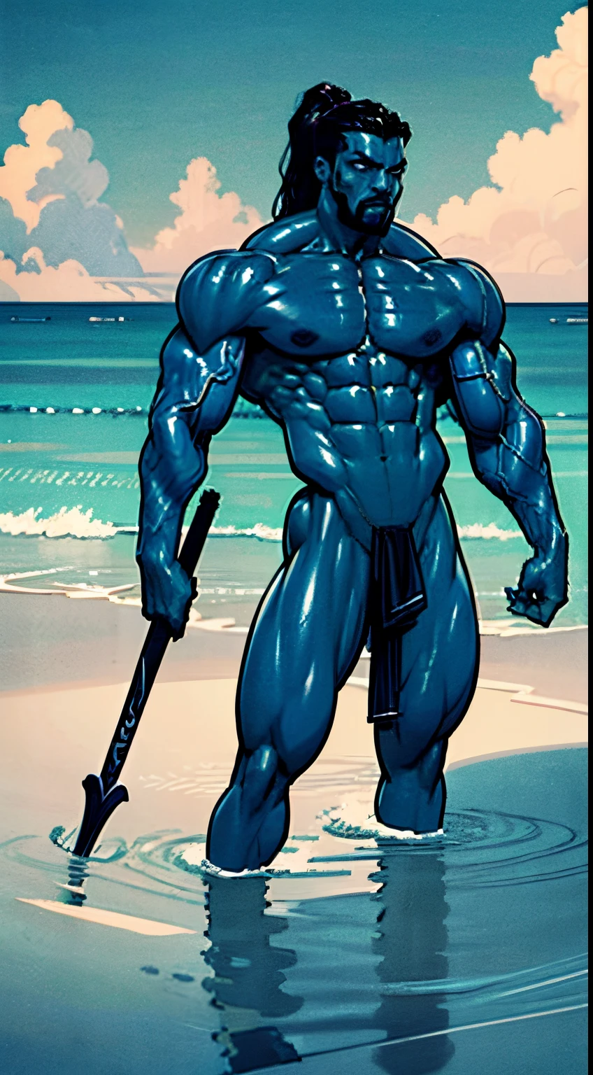 a painting of a muscular man with a spear and a large body of water, The God Poseidon, The God of the Sea, The God Hades, Poseidon, Charon, ((blue skin)), The Boatman of Hades, God of the Ocean, God of the Underworld, Hades, God Shiva the Destroyer, Furious God Zeus, Like an Atlantean, veiny biceps, chiseled abs, muscular legs, rugged face, long hair in ponytail, masterpiece, 8k