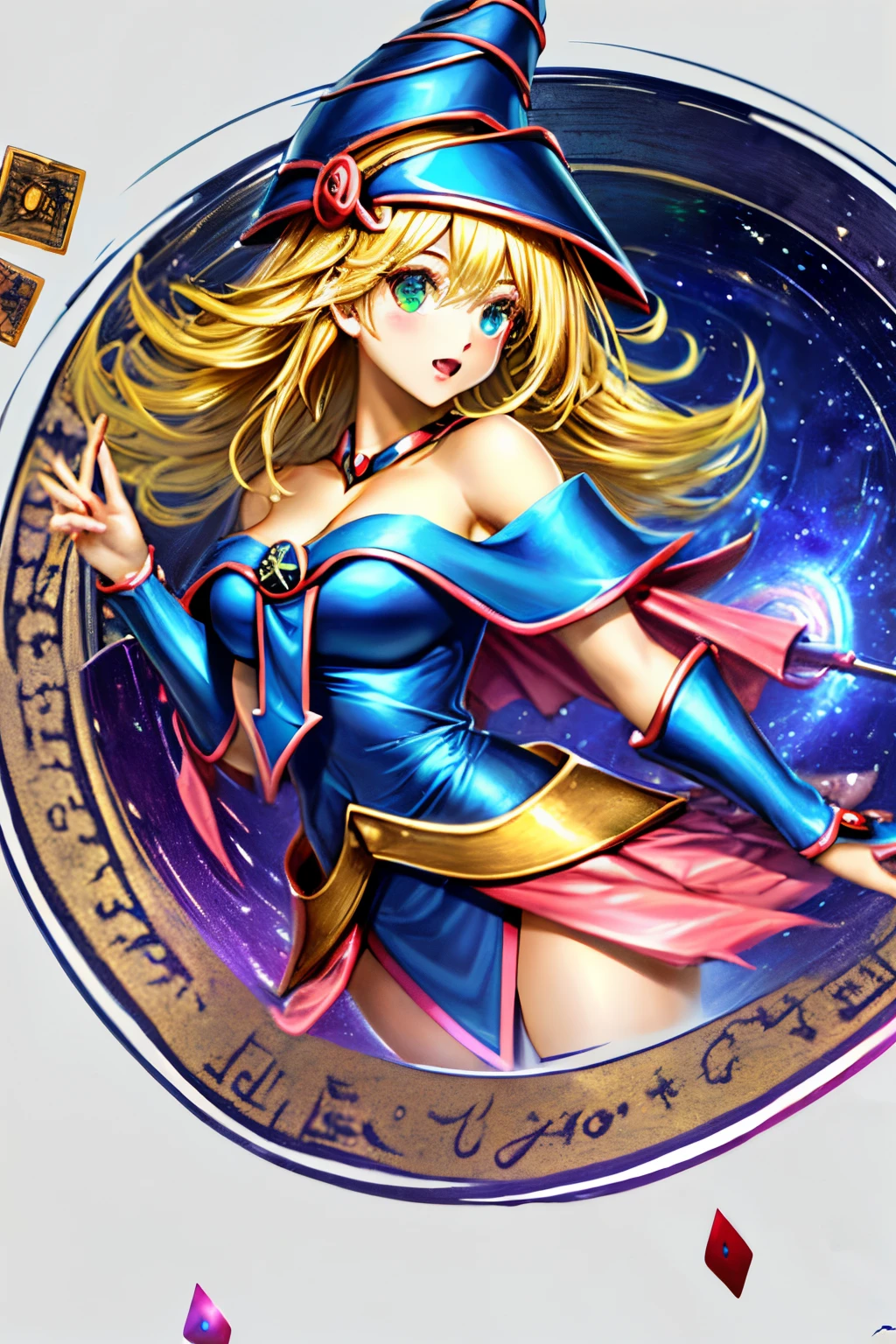 Una chica maga oscura flotando tiernamente, magical aura, fantasy background, Runa brillante, (( una tarjeta Yu-Gi-Oh debajo de ella)), dando una vibra de que fue convocada,epic composition, (Detalles complejos), (complex design, Ultra-detalles :1.2), Art Station, (Obra maestra, La mejor calidad), Ultra HD, 32K ,Renderizado de octanaje, bioluminiscente,8k resolution concept art, realismo,por Mappa studios,Obra maestra,La mejor calidad,Arte Oficial,illustration,clear line,(fresco_Color),perfect composition,absurdos, fantasy,( debajo de ella hay una tarjeta de Yu-Gi-Oh), Diagrama