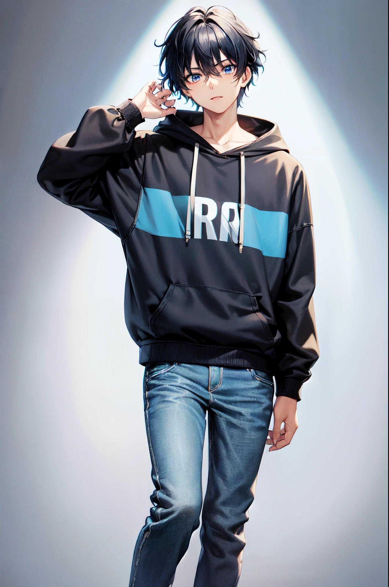 1boy, black hair, blue eyes, blue hoodie, jean pants, no background, 8k, masterpiece, high res, detailed eyes, standing, plain white background