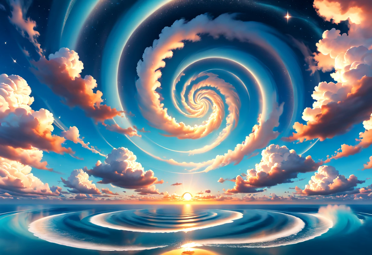 sunrise over the sea，Araf image of clouds in sky with spiral pattern, Beautiful space-time clouds filled with stars,4K, 32K Ultra HD style, Japanese inspired imagery, spirals, Cute and dreamy, Turn on RTX,azuria short film, Japanese style imagery, 8k 3d, spiral group, Impressive skies, Star Art Troupe (As estrelas), Ultra high-definition images, optical illusion inspiration,(from below),
