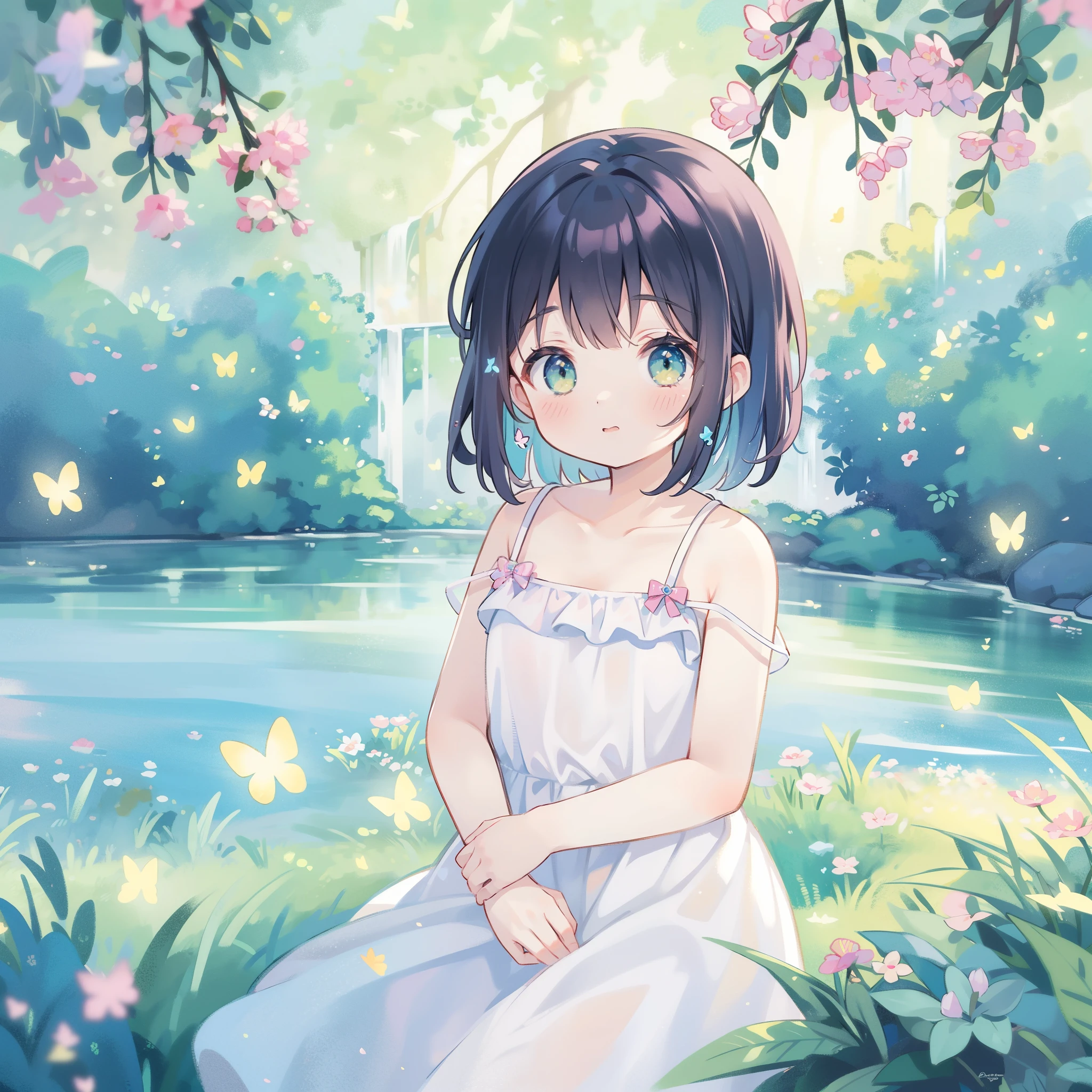 best quality,masterpiece,1girl,solo,(((NSFW))),(((9years old))),japanese girl,an extremely cute and beautiful girl,highly detailed beautiful face and eyes,petit,cute face,lovely face,baby face,shy smile,show teeth,black hair,medium short hair,Hairless pussy,flat chest,skinny,slender,(((wearing a wet transparent pink floral mini Lolita dress))),(((standing in a mountain garden))),she is looking at the viewer,hands lift up dress,(upskirt above the waist:1.1),(no panties:1.1),(legs spread wide:1.1),(no bra:1.1)